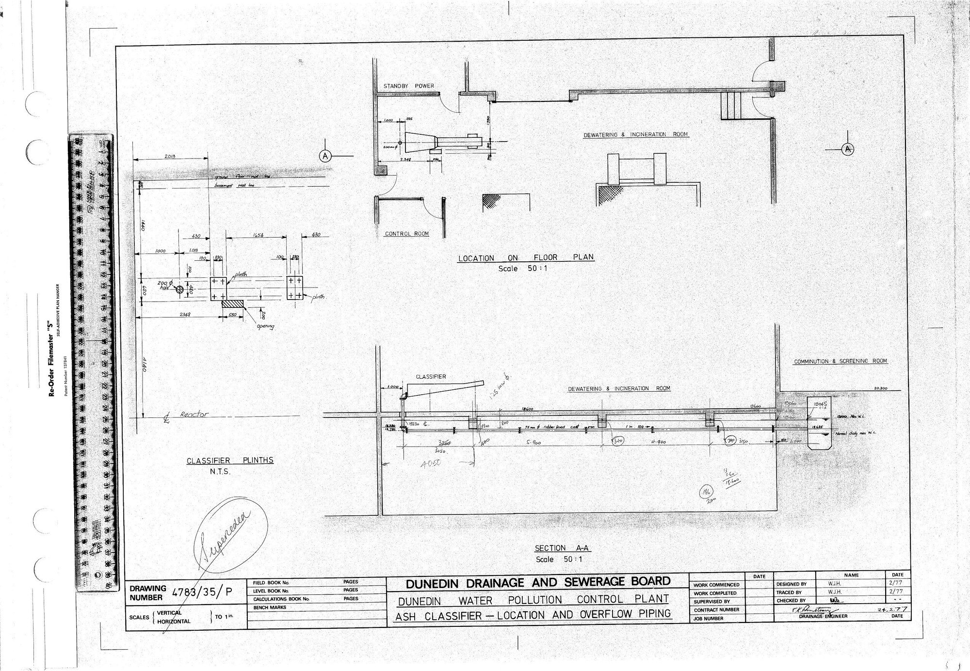 DUNEDIN WATER POLLUTION CONTROL PLANT - ASH CLASSIFIER - LOCATION AND OVERFLOW PIPING