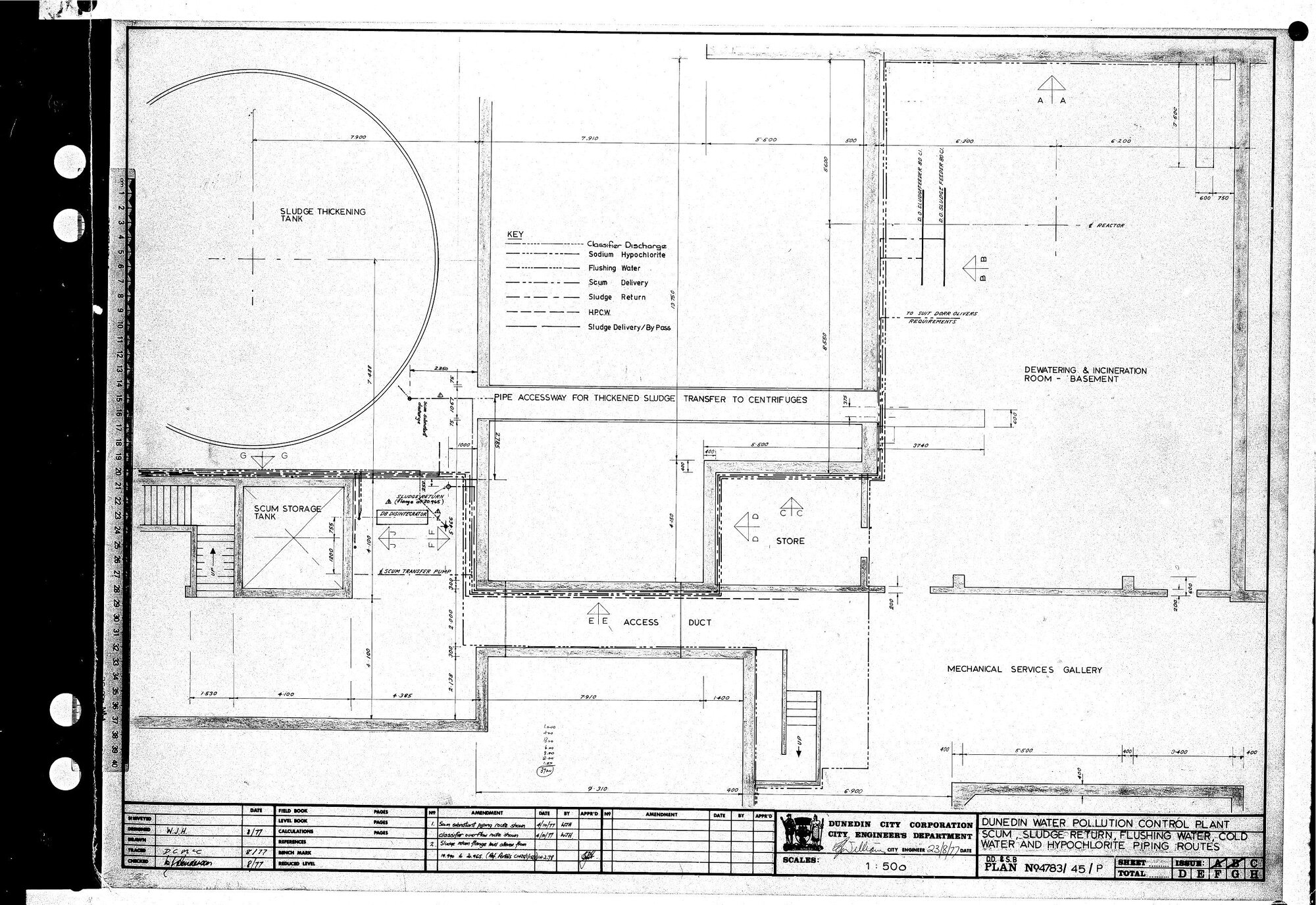 DUNEDIN WATER POLLUTION CONTROL PLANT - SCUM, SLUDGE RETURN, FLUSHING WATER, COLD WATER,AND HYPOCHLORITE PIPING ROUTES