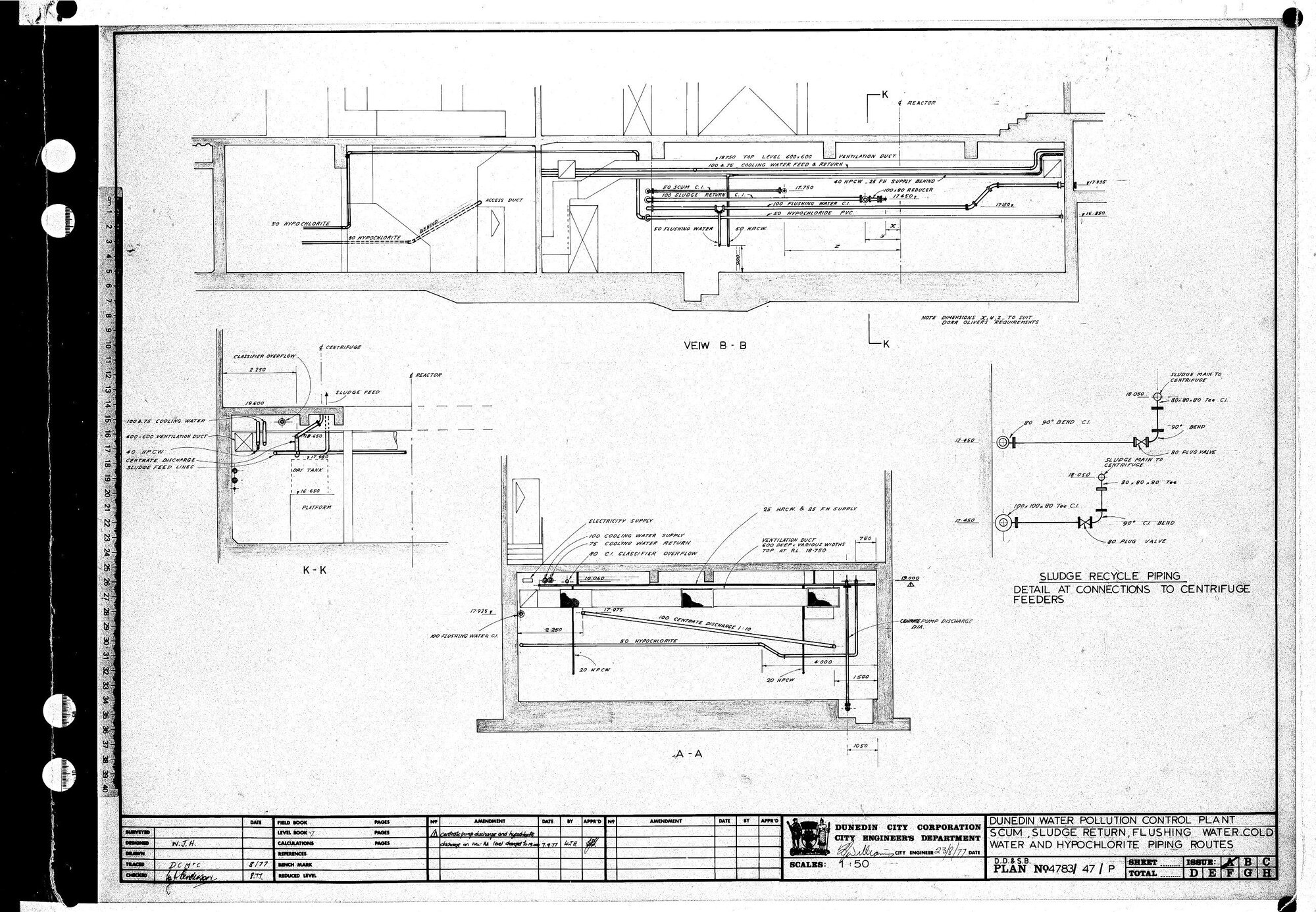 DUNEDIN WATER POLLUTION CONTROL PLANT - SCUM, SLUDGE RETURN, FLUSHING WATER, COLD WATER,AND HYPOCHLORITE PIPING ROUTES