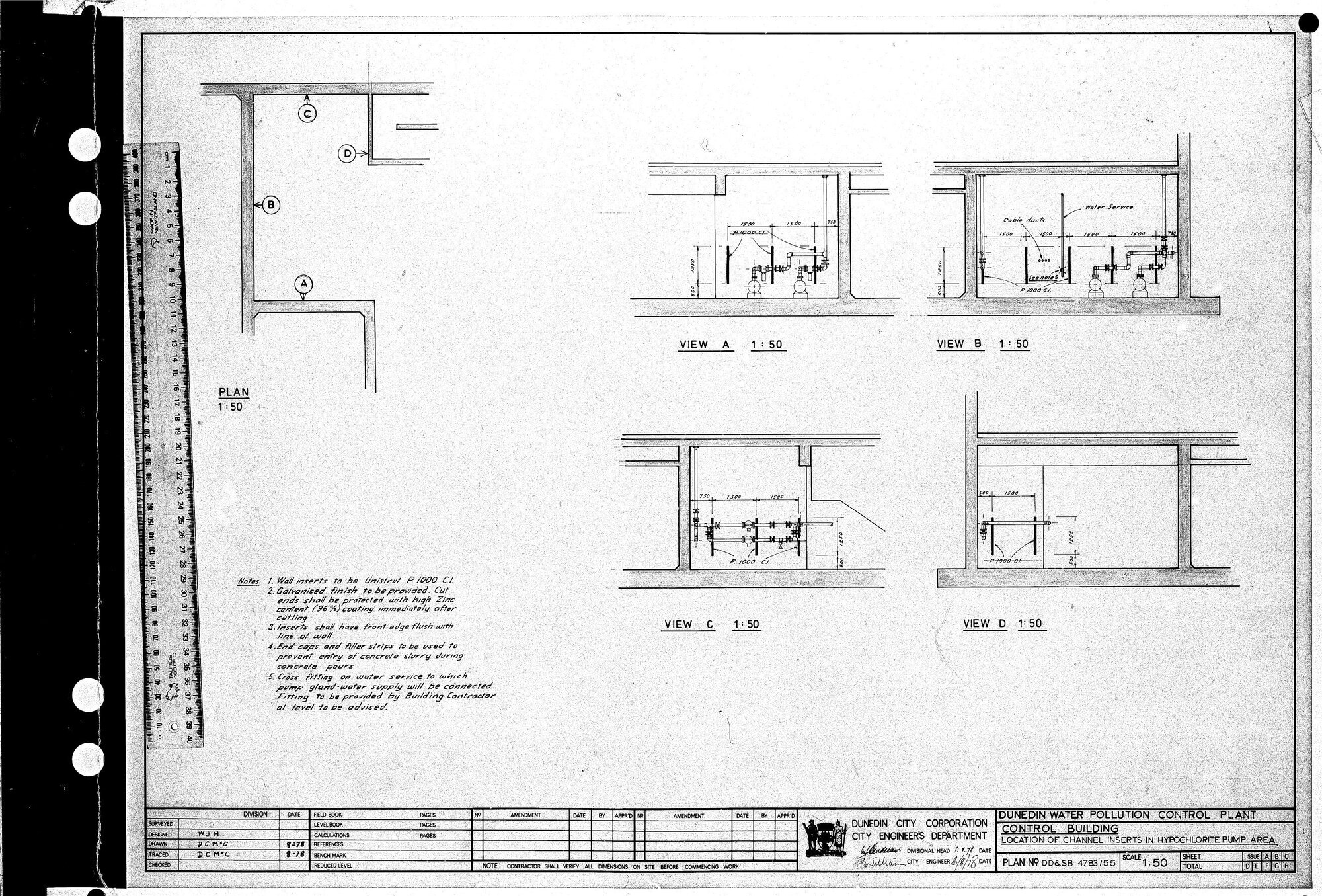 DUNEDIN WATER POLLUTION CONTROL PLANT - CONTROL BUILDING - LOCATION OF CHANNEL INSERTS IN HYPOCHLORITE PUMP AREA