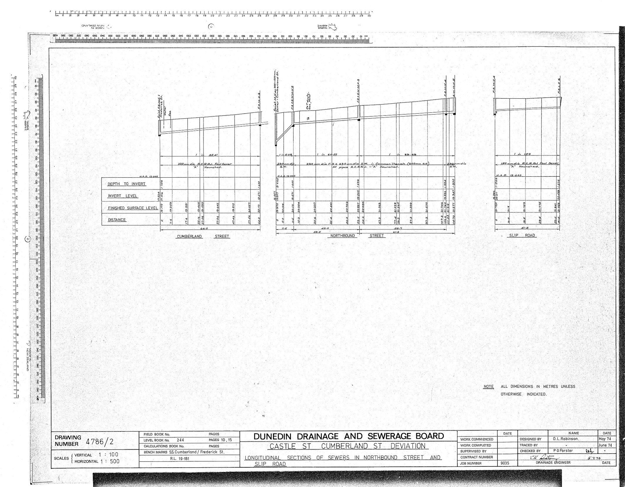 CASTLE ST - CUMBERLAND ST - DEVIATION - LONGITUDINAL SECTIONS OF SEWERS IN NORTHBOUND STREET AND SLIP ROAD