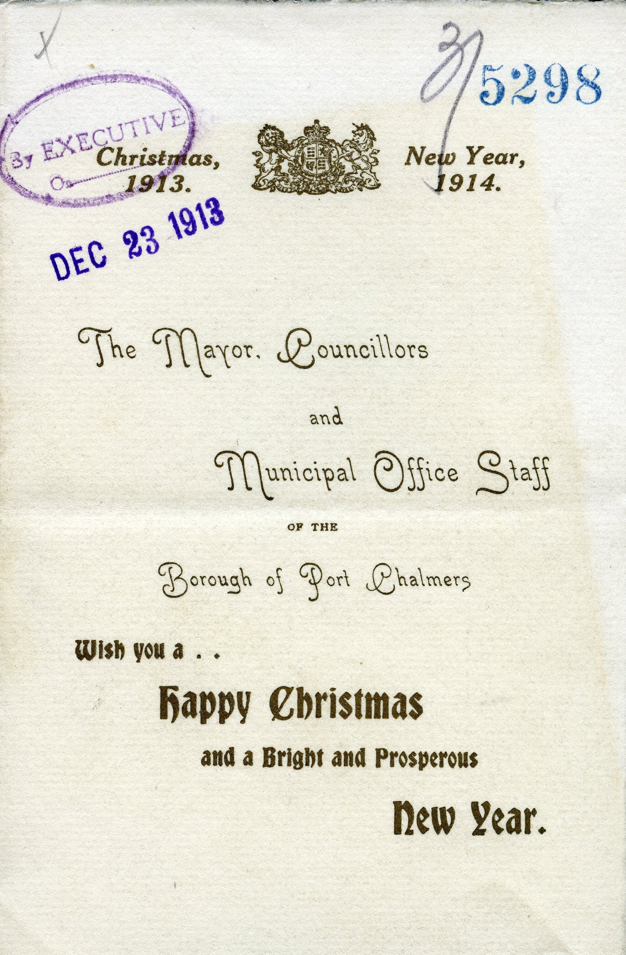 Merry Christmas from Port Chalmers Borough Council to Dunedin Drainage &amp; Sewerage Board, 1913