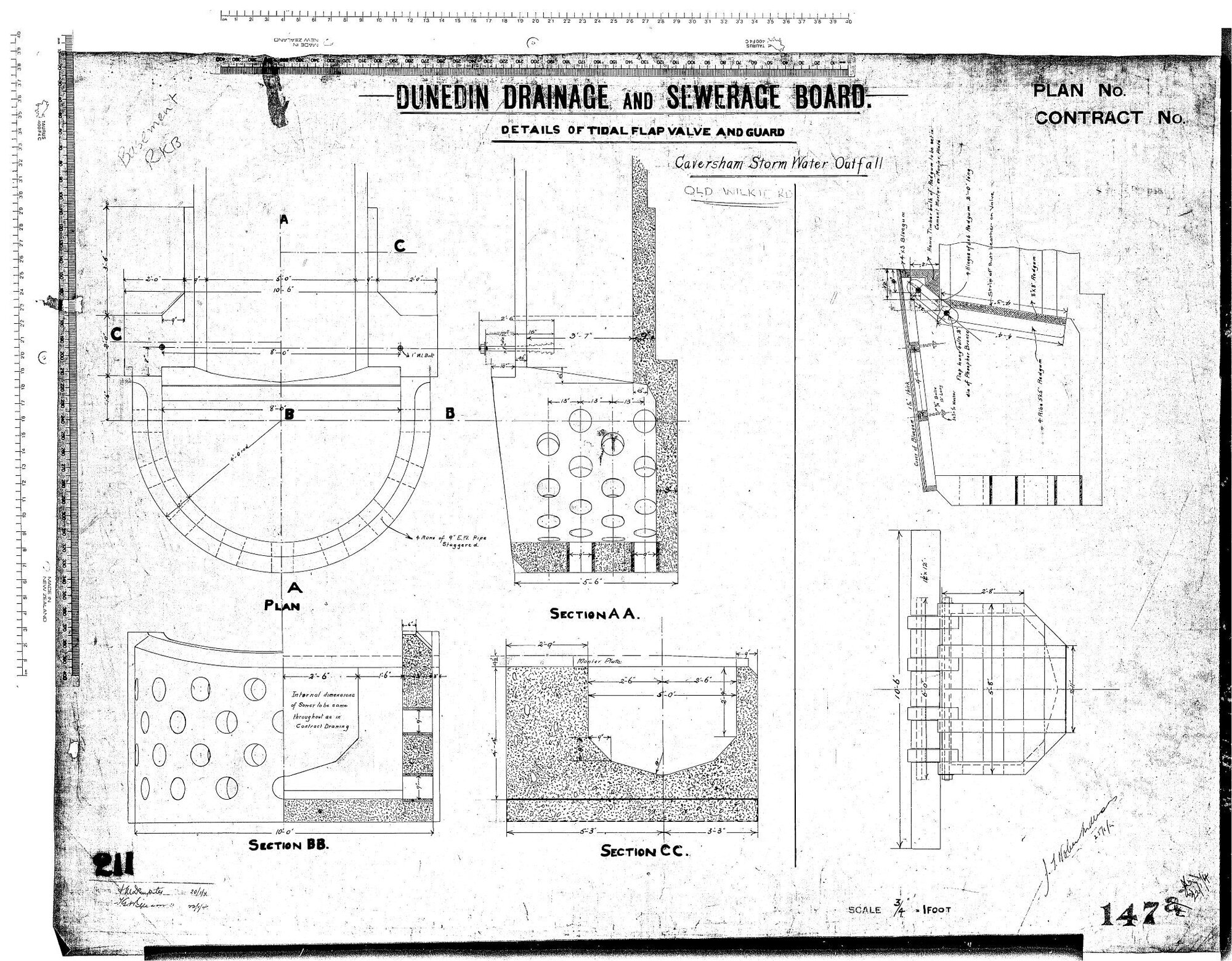 DETAILS OF TIDAL FLAP VALVE AND GUARD - CAVERSHAM STORM WATER OUTFALL