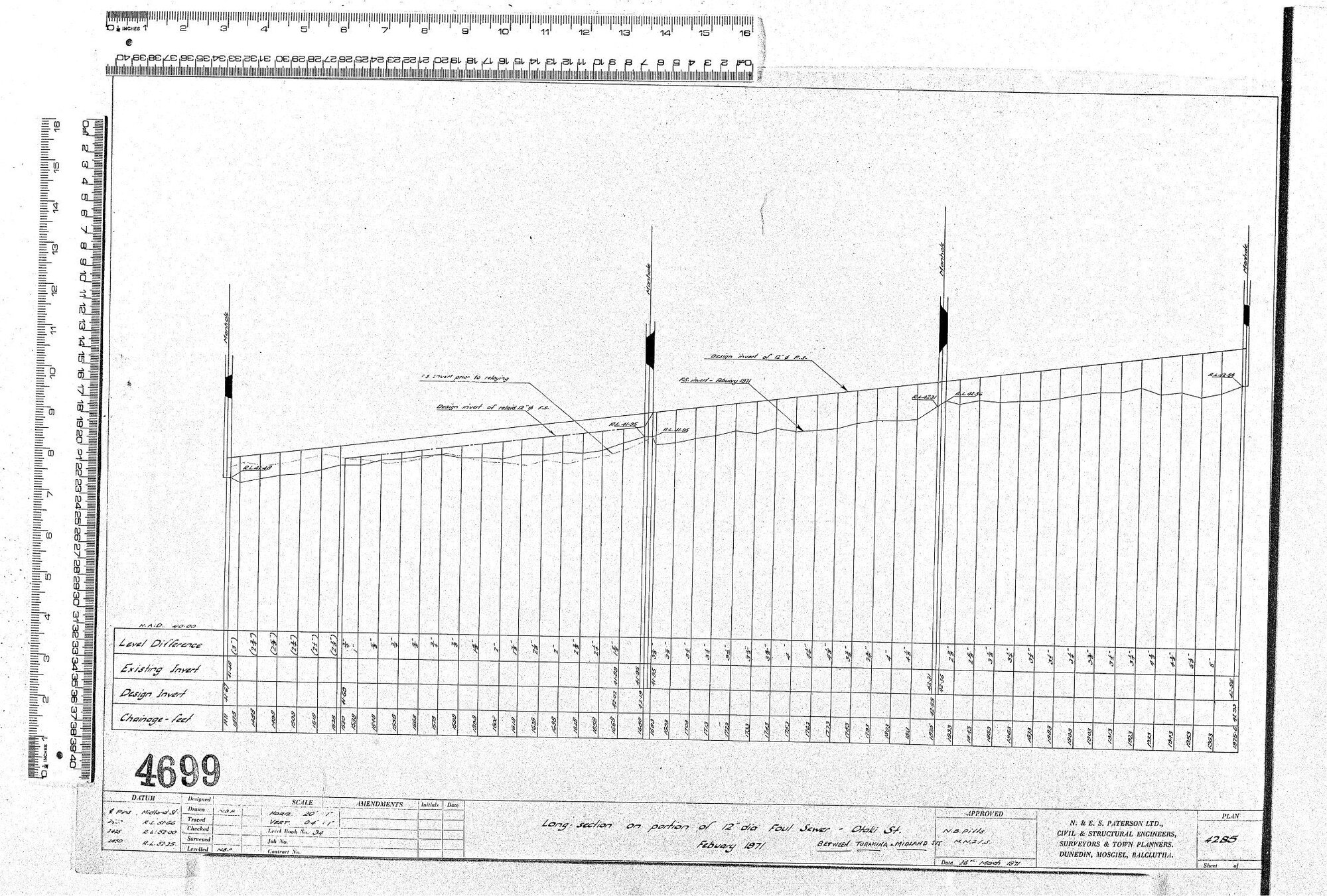LONGSECTION ON PORTION OF 12'' DIA FOUL SEWER &ndash; OTAKI STREET. FEBUARY 1971 &ndash; BETWEEN TURAKINA &amp; MIDLAND STS