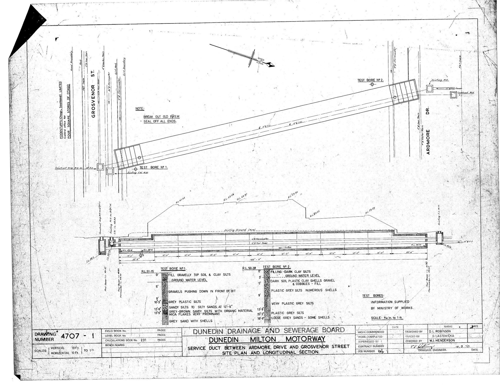 DUNEDIN MILTON MOTORWAY &ndash; SERVICE DUCT BETWEEN ARDMORE DRIVE AND GROSVENOR STREET SITE PLAN AND LONGITUDINAL SECTION
