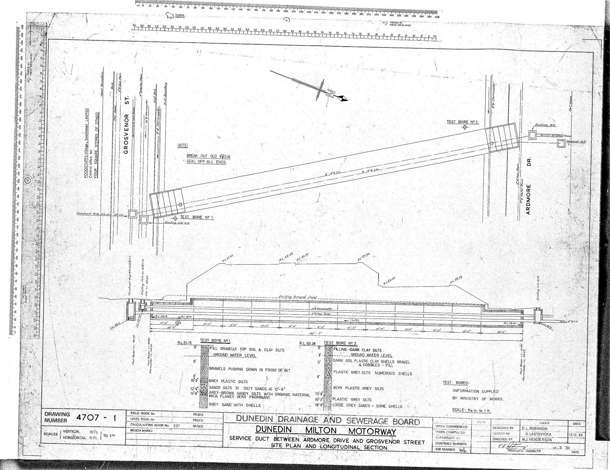 DUNEDIN MILTON MOTORWAY &ndash; SERVICE DUCT BETWEEN ARDMORE DRIVE AND GROSVENOR STREET SITE PLAN AND LONGITUDINAL SECTION