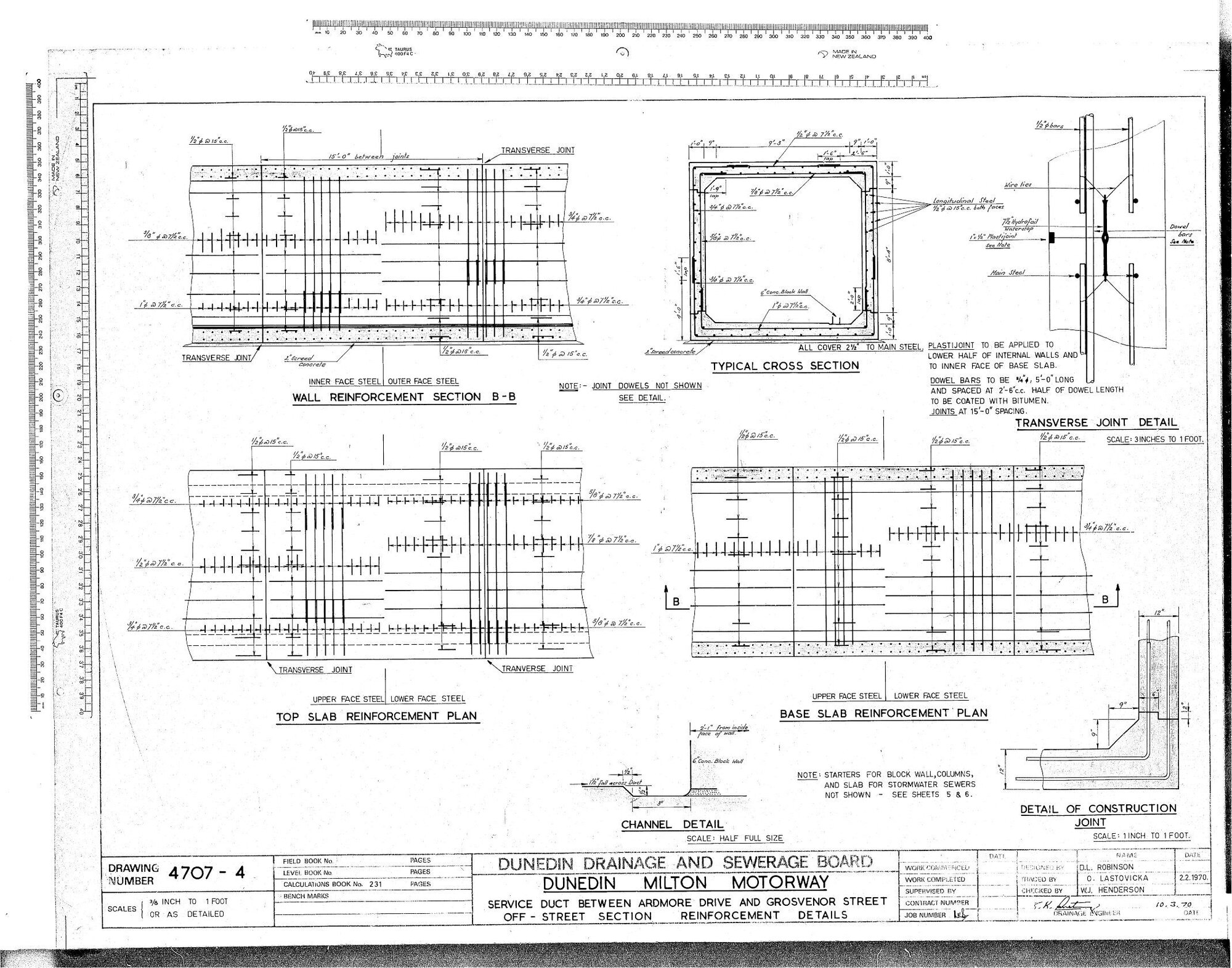 DUNEDIN MILTON MOTORWAY &ndash; SERVICE DUCT BETWEEN ARDMORE DRIVE AND GROSVENOR STREET OFF - STREET SECTION REINFORCEMENT DETAILS