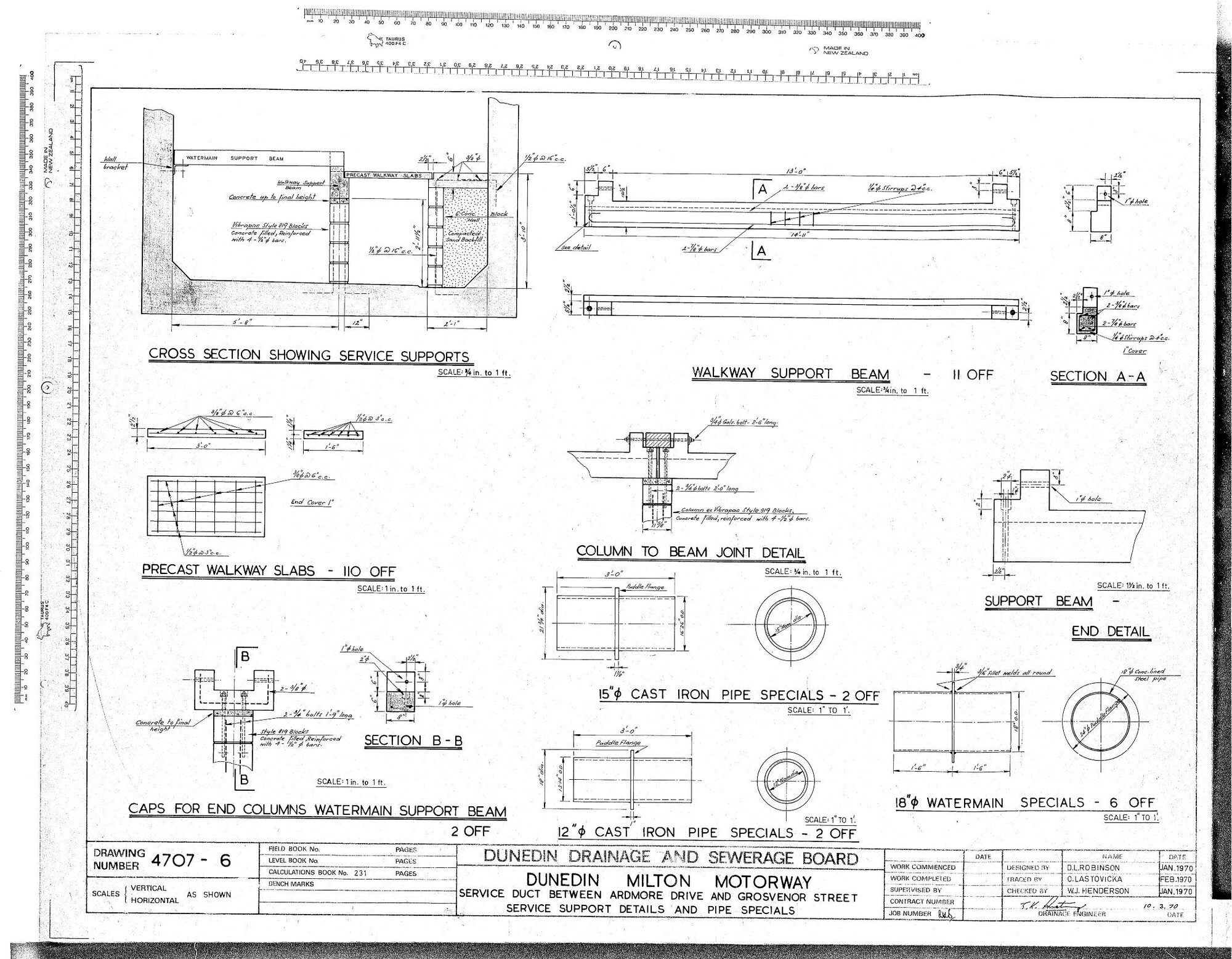DUNEDIN MILTON MOTORWAY &ndash; SERVICE DUCT BETWEEN ARDMORE DRIVE AND GROSVENOR STREET SERVICE SUPPORT DETAIL AND  PIPE SPECIALS