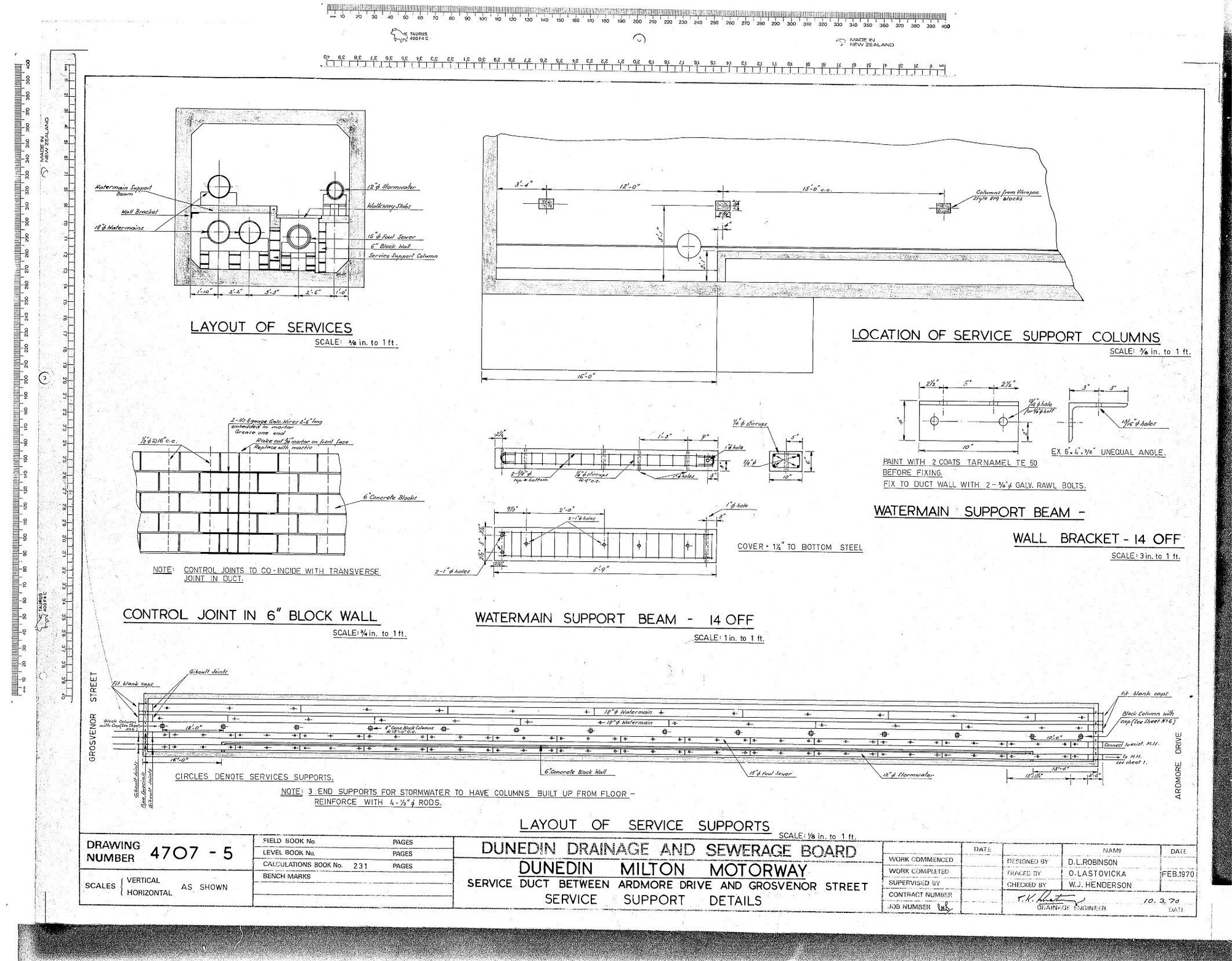 DUNEDIN MILTON MOTORWAY &ndash; SERVICE DUCT BETWEEN ARDMORE DRIVE AND GROSVENOR STREET &ndash; SERVICE SUPPORT DETAILS
