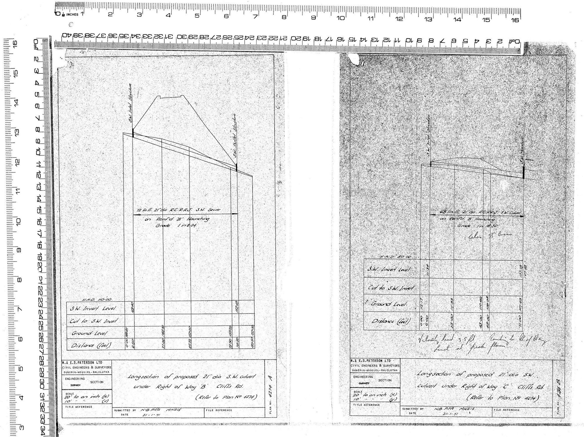 LONGSECTION OF PROPOSED 21'' DIA S.W. CULVERT UNDER RIGHT OF WAY 'B' &amp; 'C' CLIFFS ROD. (REFER TO PLAN NO 4274)