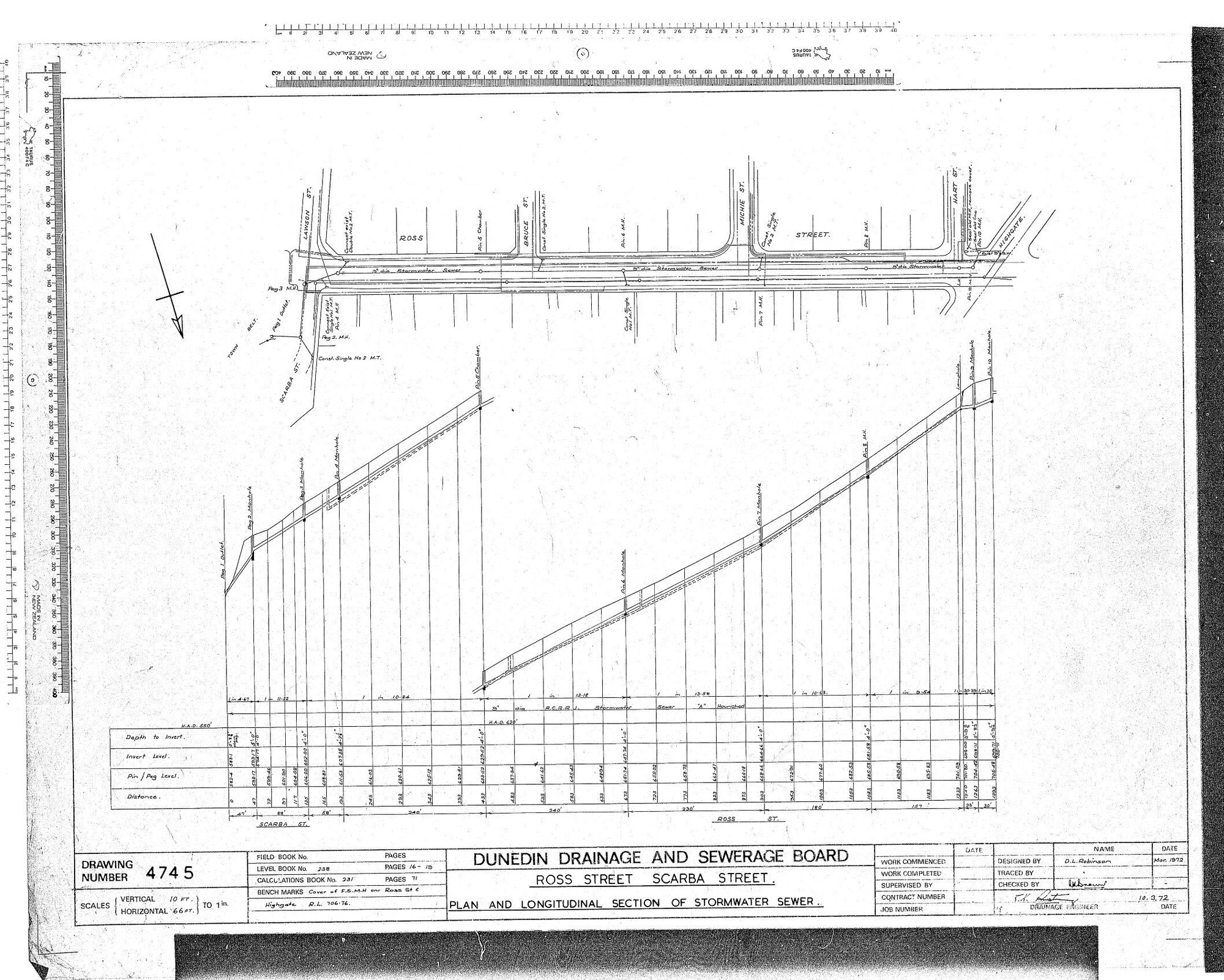 ROSS STREET SCARBA STREET &ndash; PLAN AND LONGITUDINAL SECTION OF STORMWATER SEWER