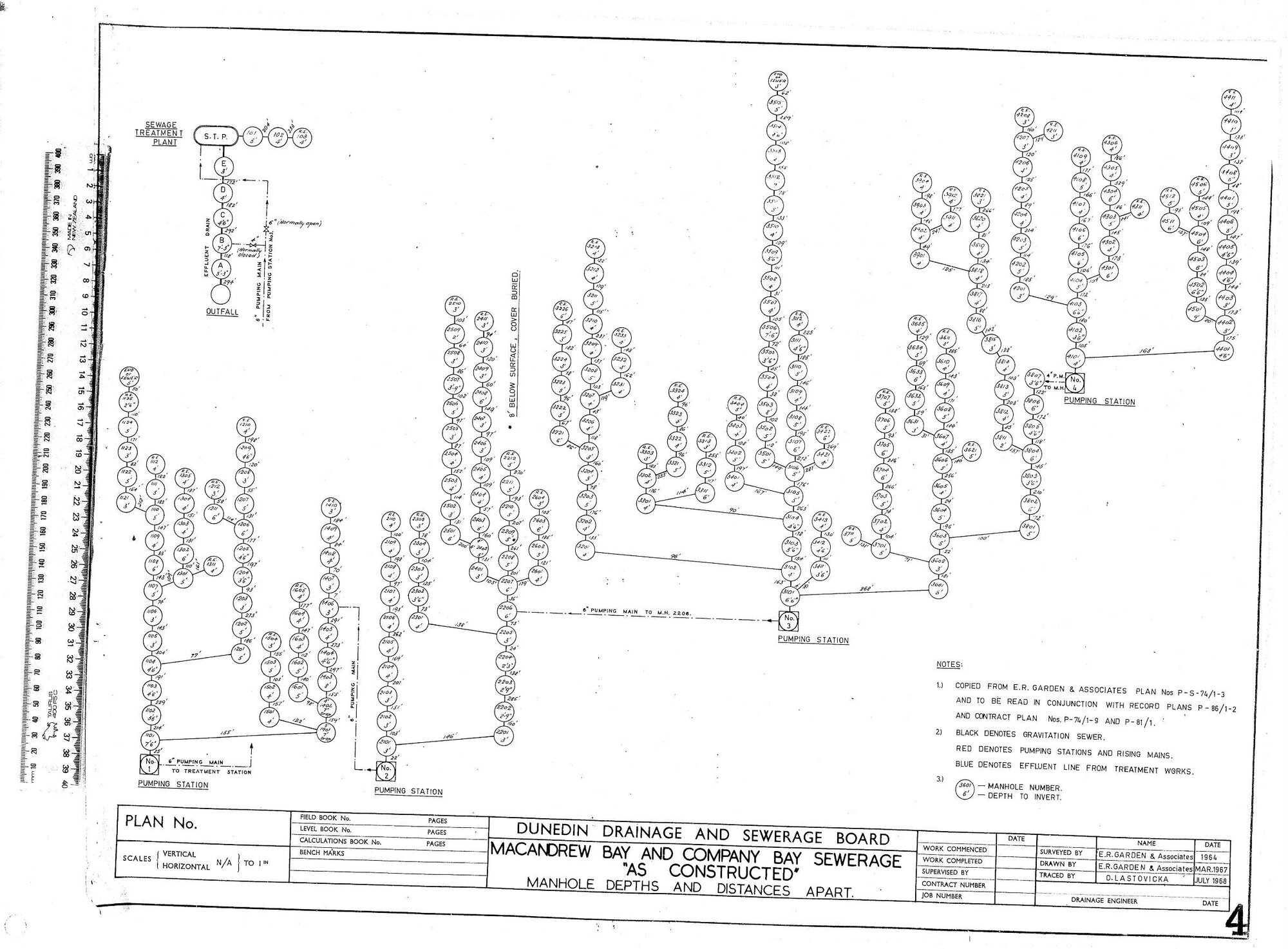 MACANDREW BAY AND COMPANY BAY SEWAGE "AS CONSTRUCTED" MANHOLE DEPTHS AND DISTANCES APART