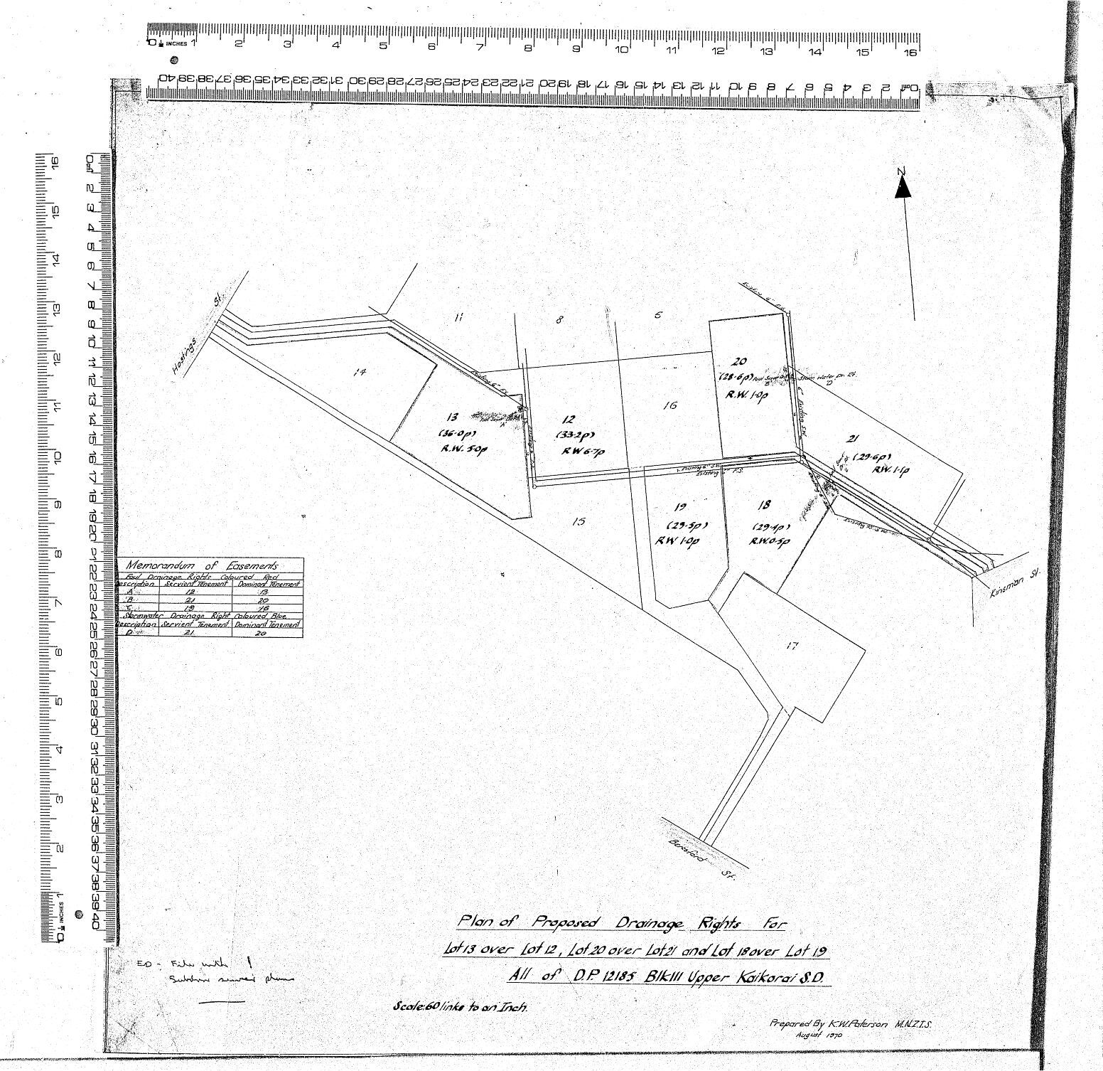 PLAN OF PROPOSED DRAINAGE RIGHTS FOR LOT 13 OVER LOT 12, LOT 20 OVER LOT 21 AND LOT 18 OVER LOT 19 ALL OF D.P 12185 BIKIII UPPER KAIKORAI S.D.
