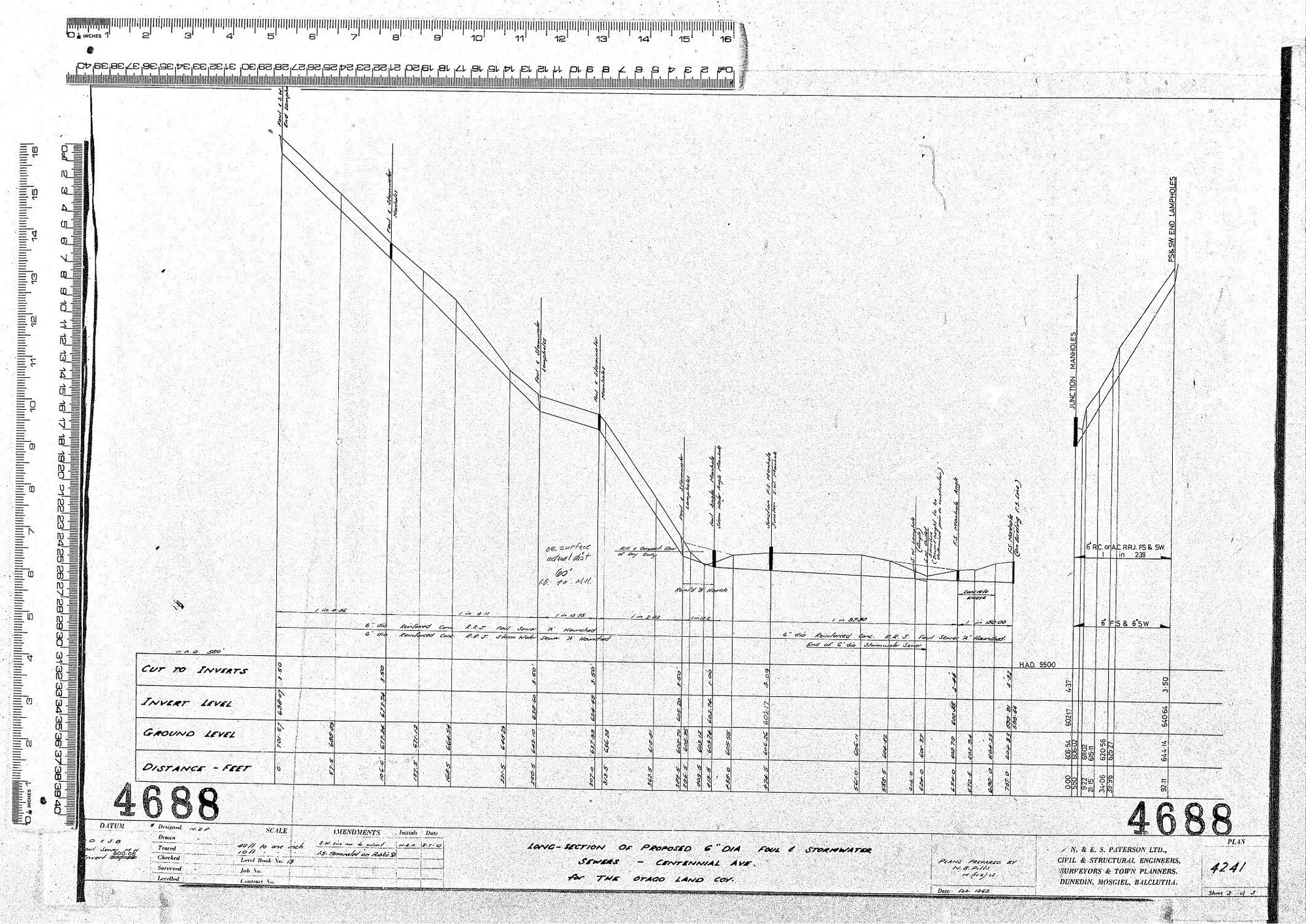 LONG-SECTION OF PROPOSED 6" DIA FOUL &amp; STORMWATER SEWERS - CENTENNIAL AVE FOR THE OTAGO LAND COY