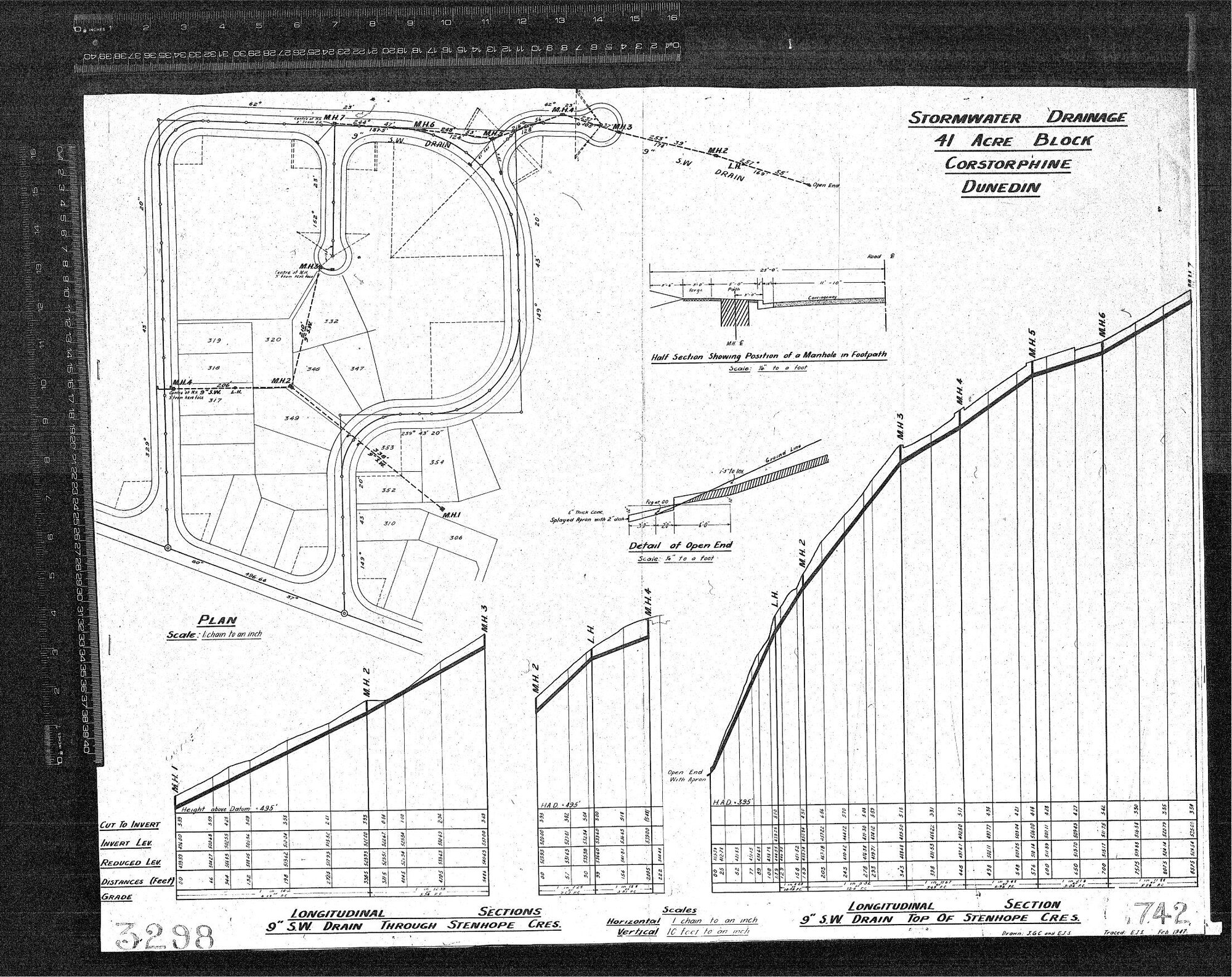 STORMWATER DRAINAGE 41 ACRE BLOCK &ndash; CORSTORPHINE, DUNEDIN &ndash; LONGITUDINAL SECTION 9'' S.W. DRAIN TOP OF STENHOPE CRESCENT