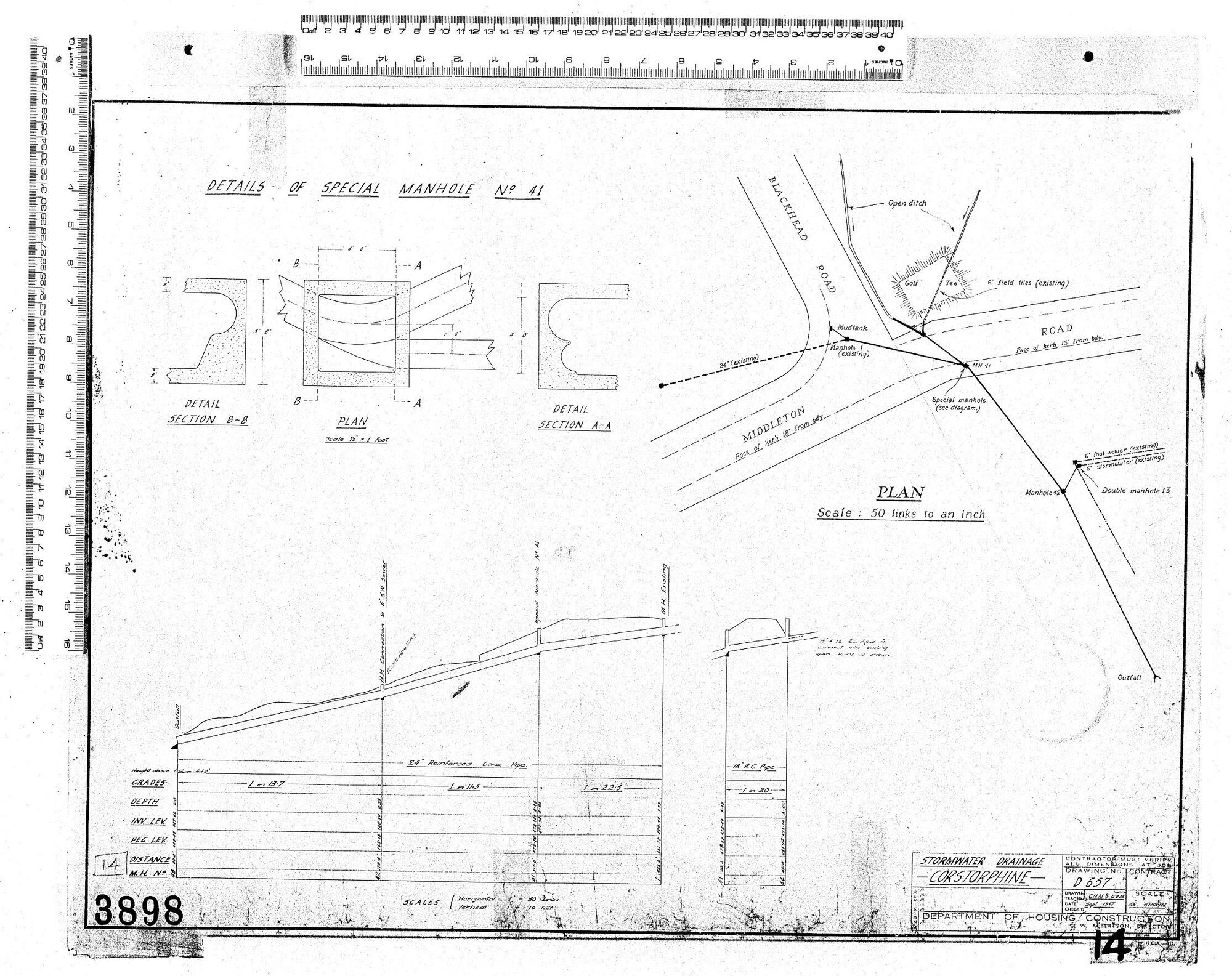 DETAILS OF SPECIAL MANHOLE NO 41 &ndash; STORMWATER DRAINAGE &ndash; CORSTORPHINE