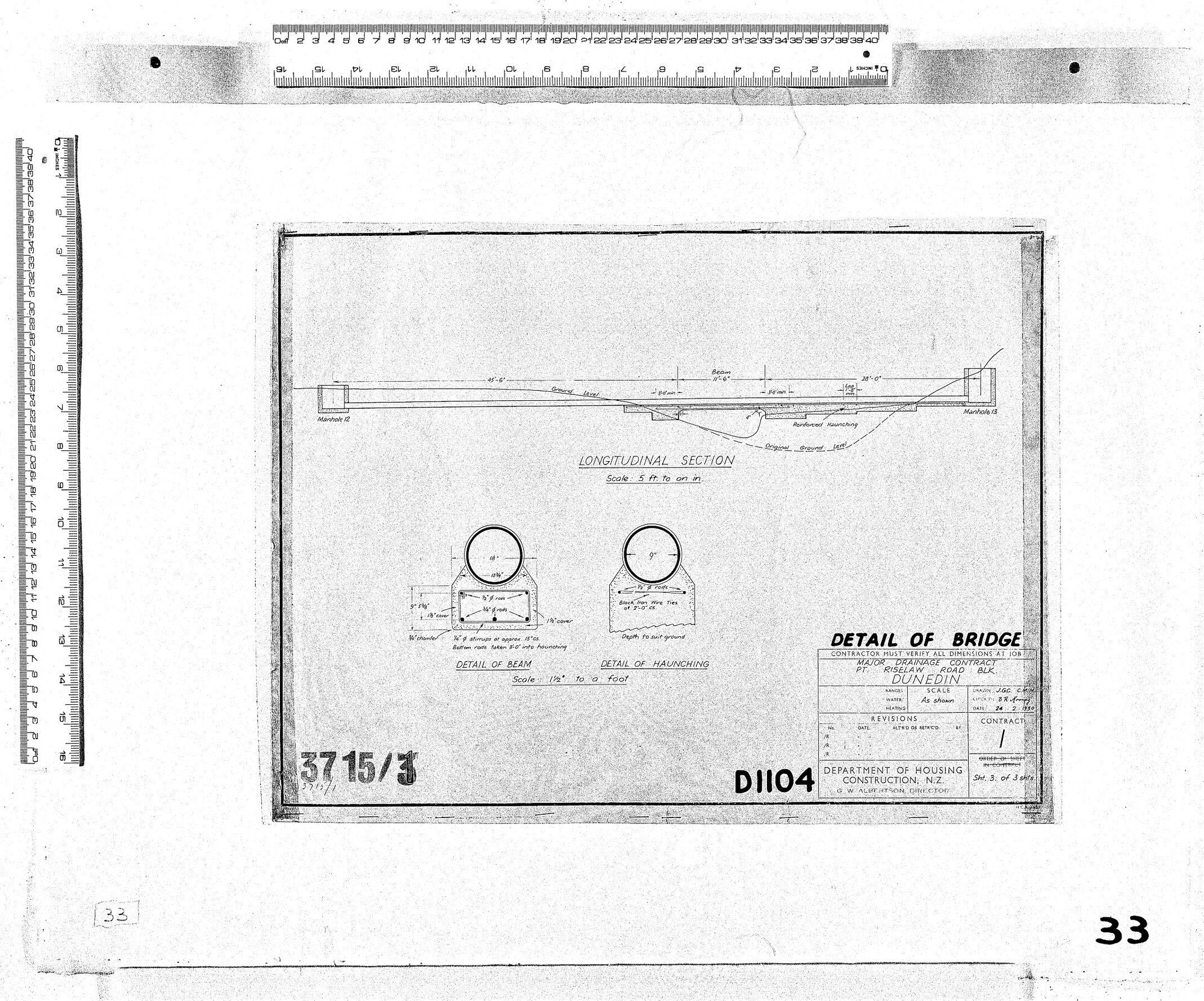 DETAIL OF BRIDGE &ndash; MAJOR DRAINAGE CONTRACT &ndash; PT. RISELAW RD. BLK. DUNEDIN