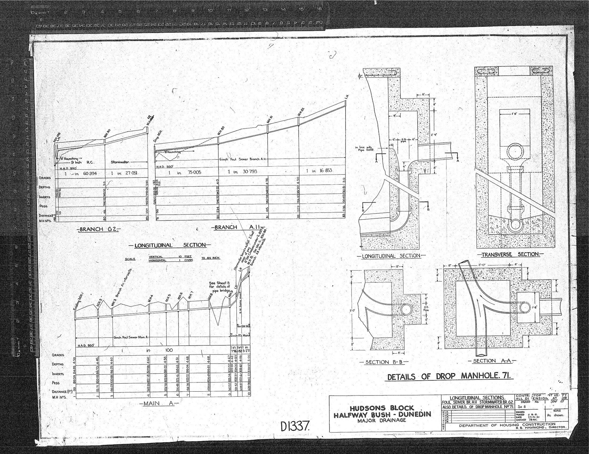 HUDSONS BLOCK HALFWAY BUSH &ndash; DUNEDIN &ndash; MAJOR DRAINAGE &ndash; DETAILS OF DROP MANHOLE. 71.