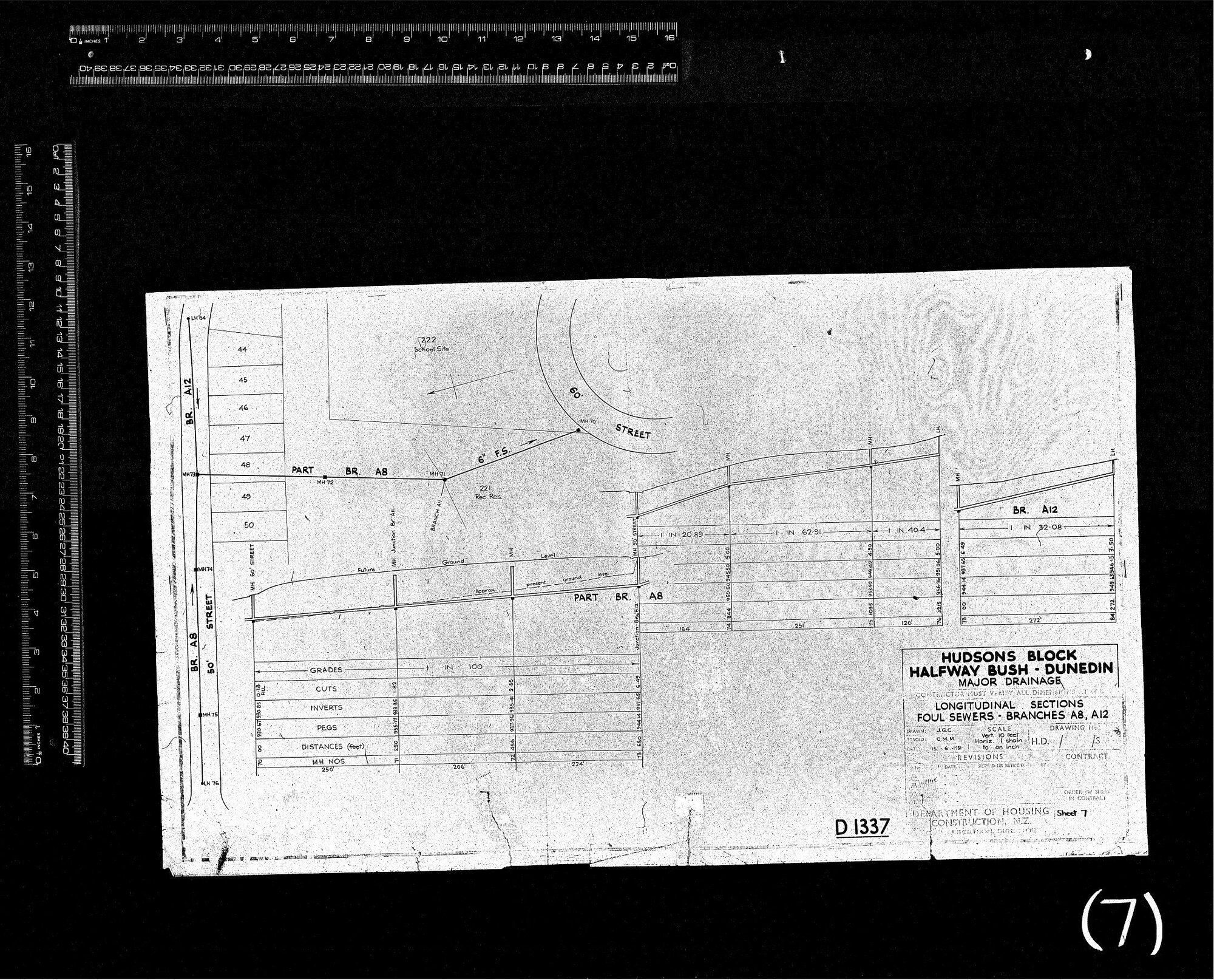 HUDSONS BLOCK HALFWAY BUSH &ndash; DUNEDIN &ndash; MAJOR DRAINAGE &ndash; LONGITUDINAL SECTIONS FOUL SEWERS &ndash; BRANCHES A8, A12