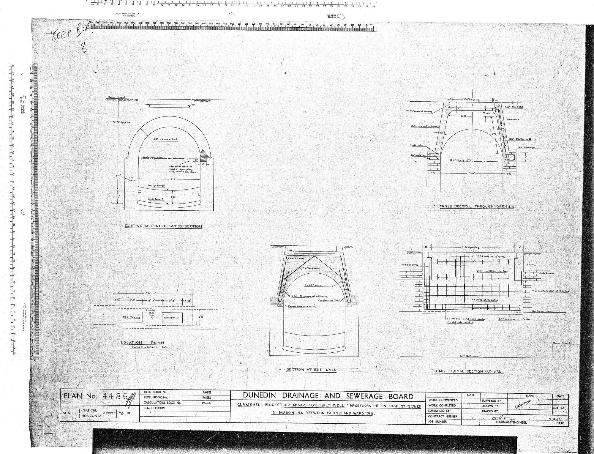 CLAMSHELL BUCKET OPENINGS FOR SILT WELL ''MCGREGORS PIT'' IN HIGH ST. SEWER IN MASON ST. BETWEEN BURNS AND WARD STS.