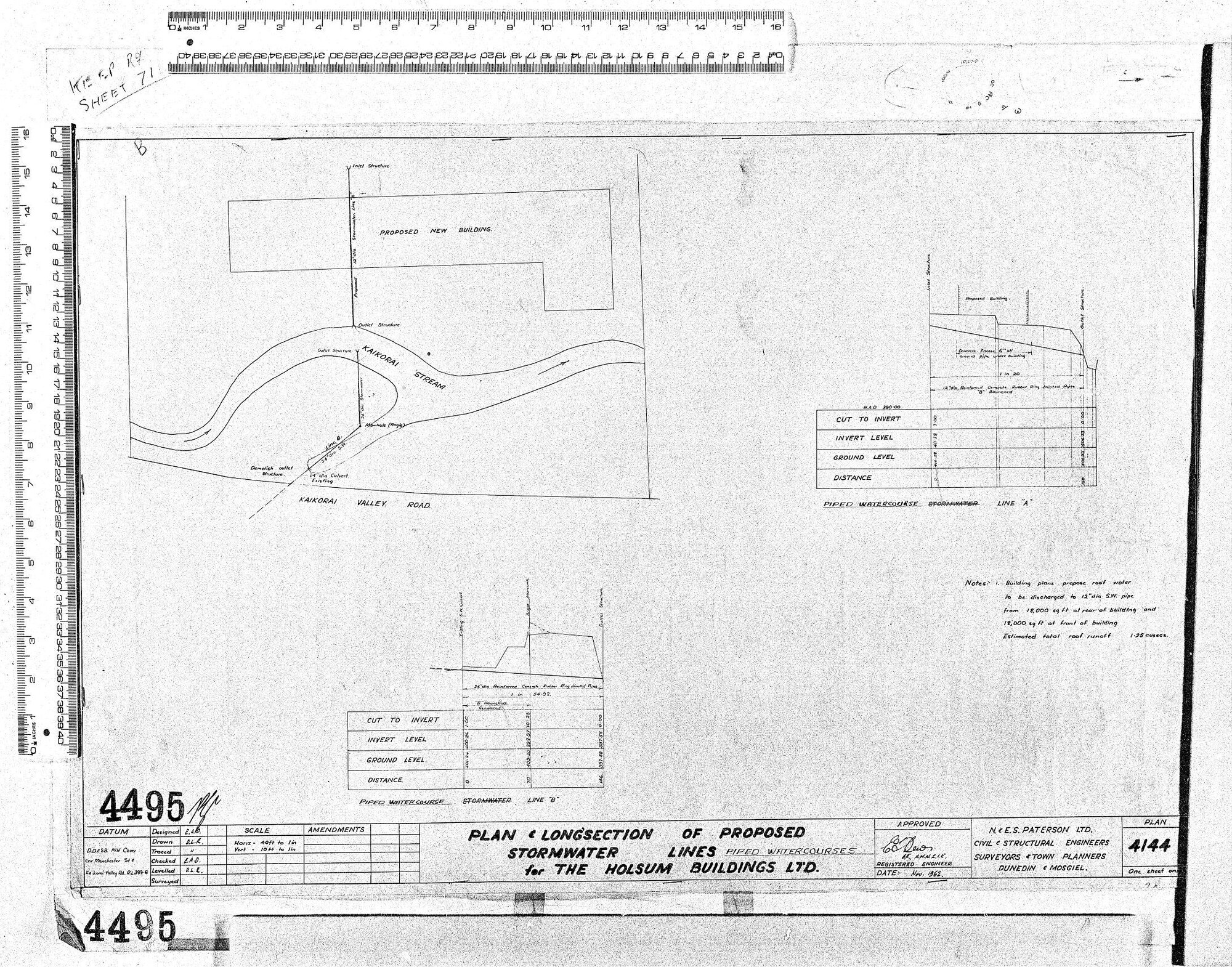 PLAN &amp; LONGSECTION OF PROPOSED STORMWATER LINES PIPED WATERCOURSES FOR THE HOLSUM BUILDINGS LTD.