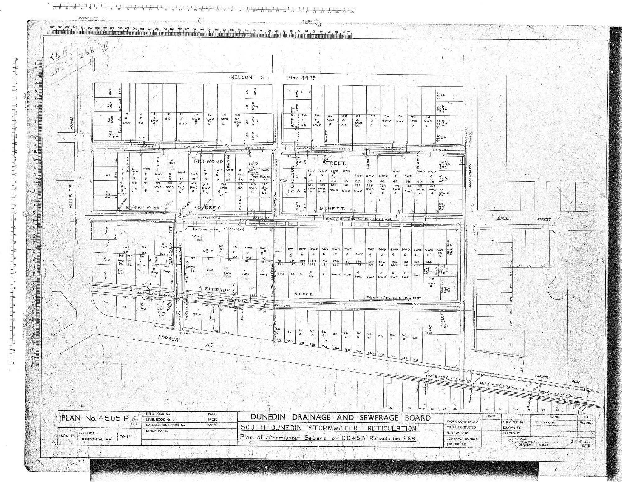 SOUTH DUNEDIN STORMWATER RETICULATION &ndash; PLAN OF STORMWATER SEWERS ON D.D. &amp; S.B. RETICULATION 268