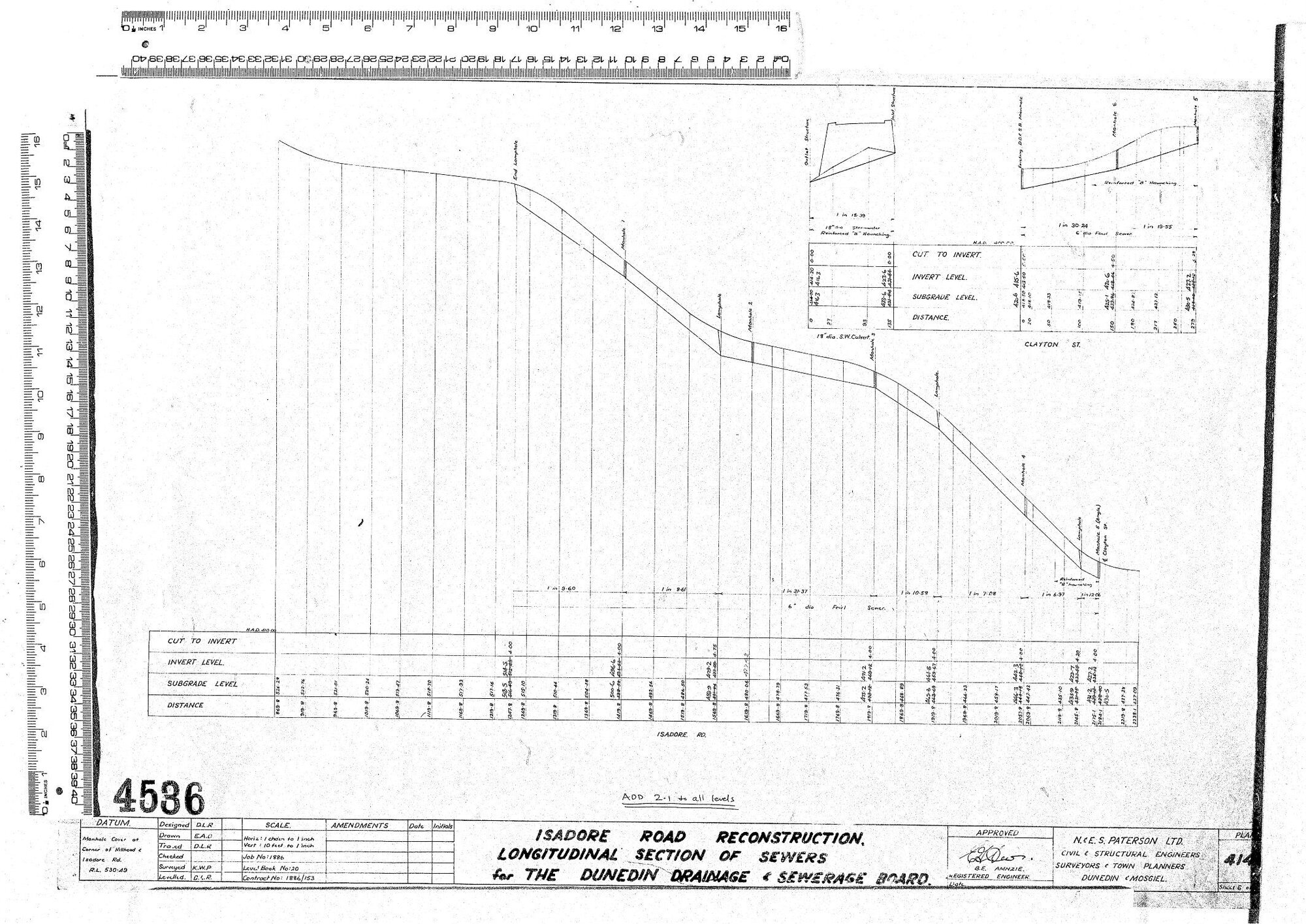 ISADORE ROAD RECONSTRUCTION. LONGITUDINAL SECTION OF SEWERS FOR THE DUNEDIN DRAINAGE &amp; SEWERAGE BOARD