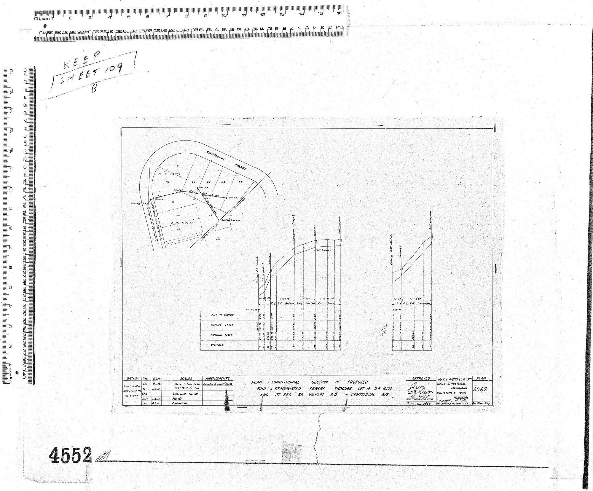 PLAN &amp; LONGITUDINAL SECTIONS OF PROPOSED FOUL &amp; STORMWATER SEWERS THROUGH LOT 10 D.P. 10173 AND PT SEC 55 WAKARI S.D. - CENTENNIAL AVE.