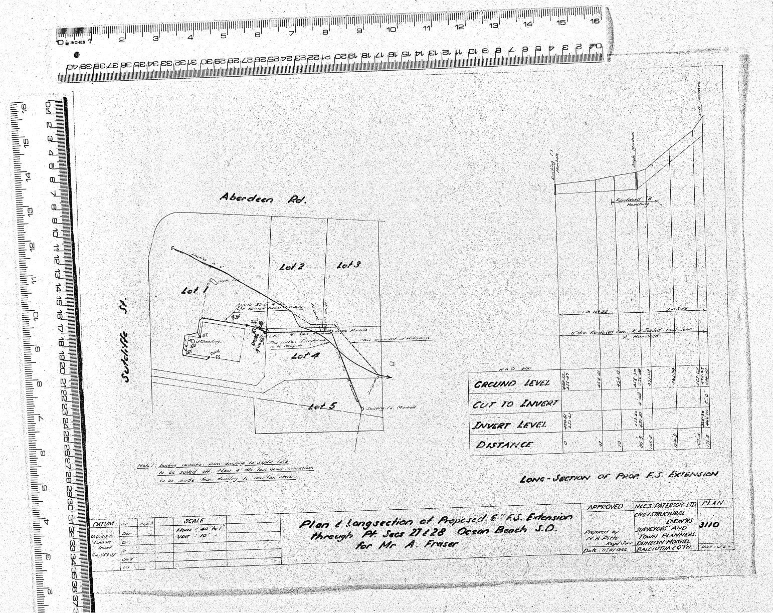 PLAN &amp; LONG SECTION OF PROPOSED 6'' F.S. EXTENSION THROUGH PT. SECS 27 &amp; 28 OCEAN BEACH S.D. FOR MR A. FRASER