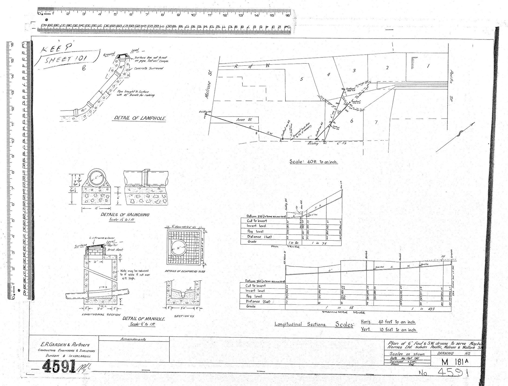 AS BUILT LONG SECTION MANHOLE AND LAMPHOLE DETAIL FOR MELROSE STREET