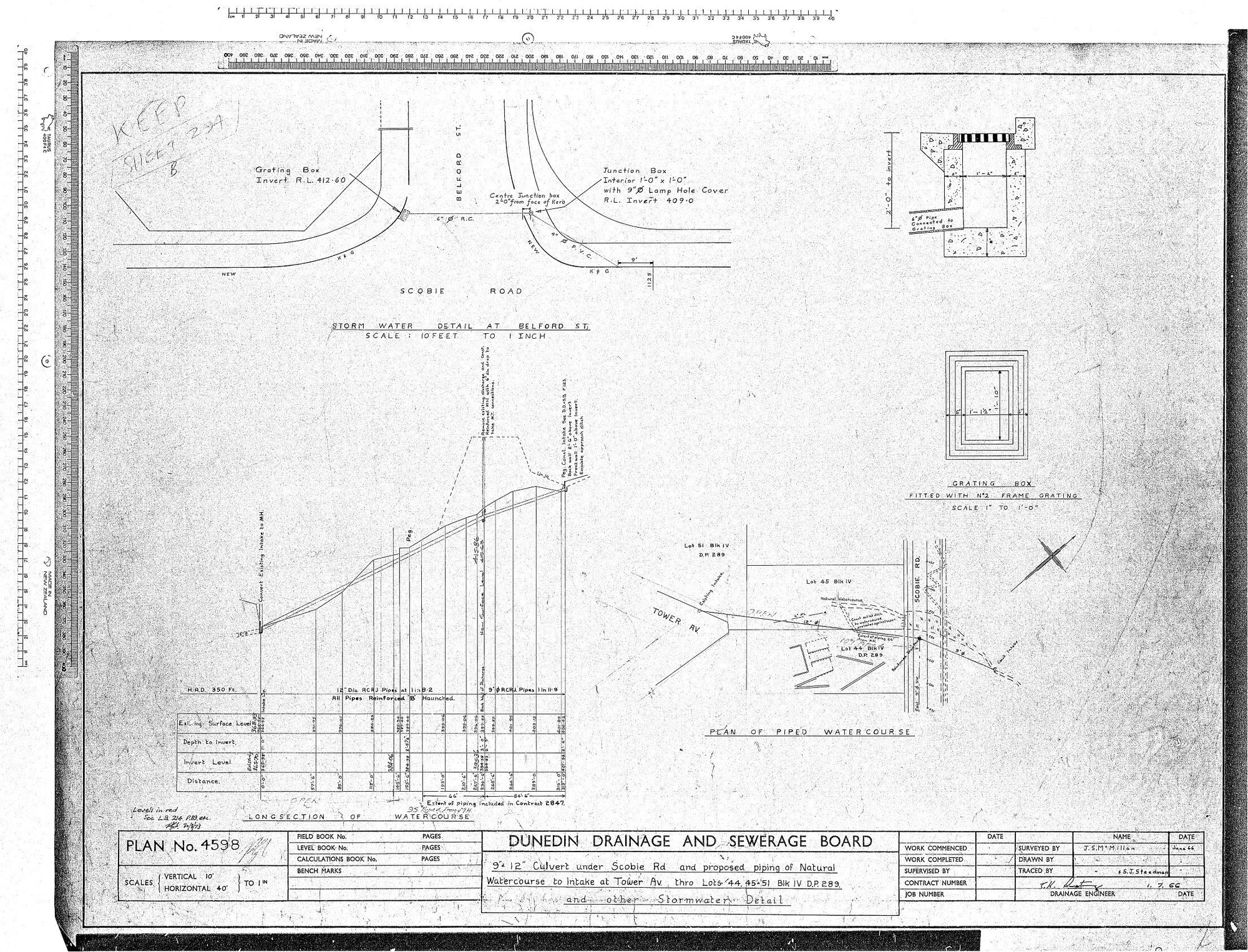 9'' &amp; 12'' CULVERT UNDER SCOBIE RD AND PROPOSED PIPING OF NATURAL WATERCOURSE TO INTAKE AT TOWER AV. THRO LOTS AA, 45 &amp; 51 BLK IV D.P.289. AND OTHER STORMWATER DETAIL