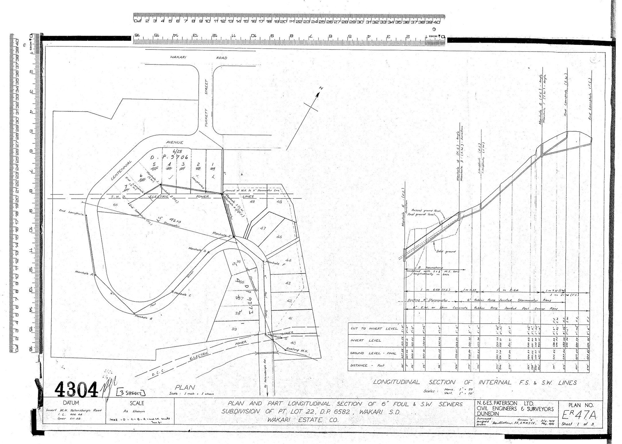 PLAN AND PART LONGITUDINAL SECTION OF 6" FOUL &amp; S.W. SEWERS SUBDIVISION OF PT LOT 22 D.P. 6582 WAIKARI S.D WAIKARI ESTATE CO.