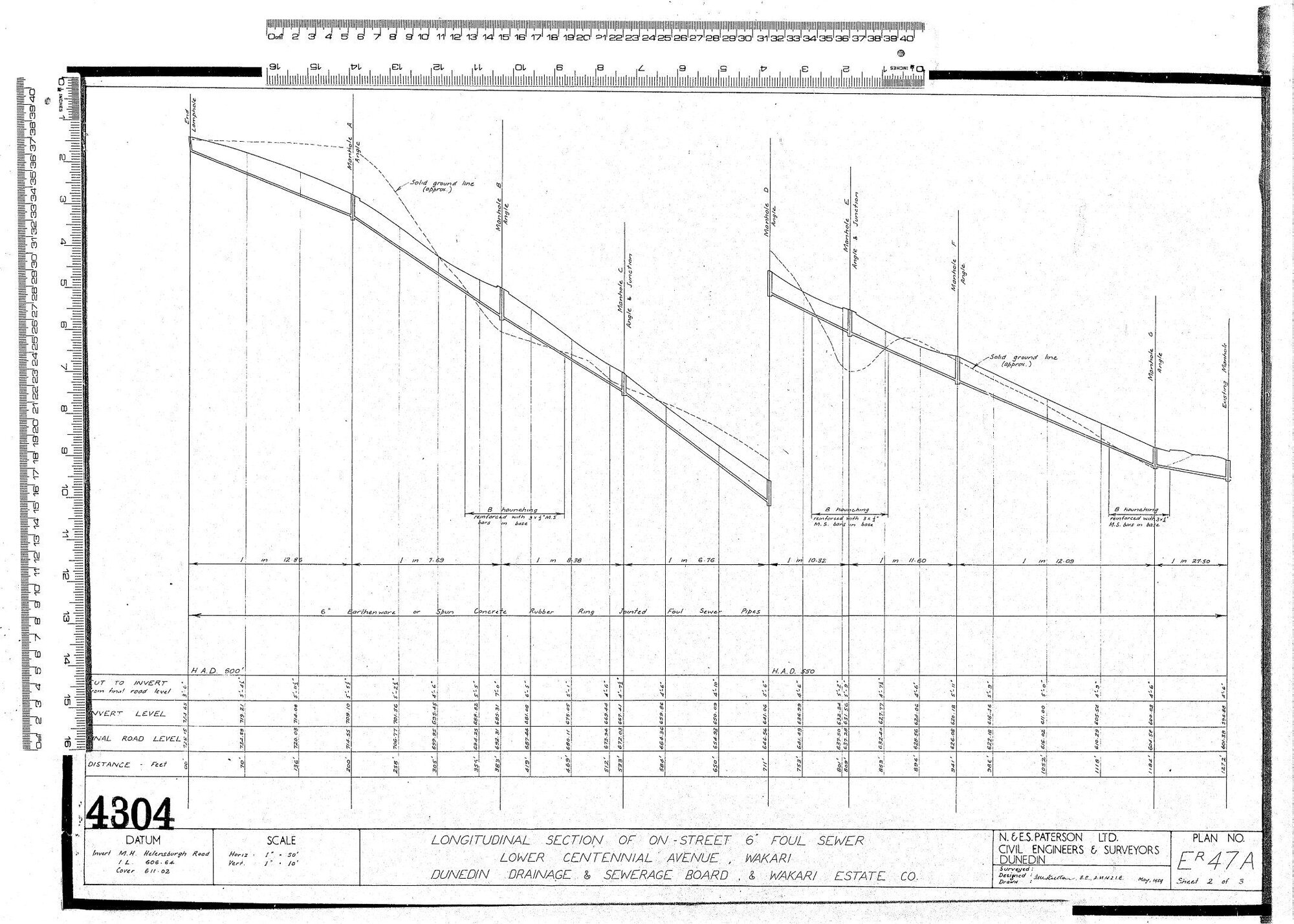 LONGITUDINAL SECTION OF ON - STREET 6" FOUL SEWER LOWER CENTENNIAL AVENUE WAIKARI DUNEDIN DRAINAGE &amp; SEWERAGE BOARD &amp; WAKARI ESTATE CO.