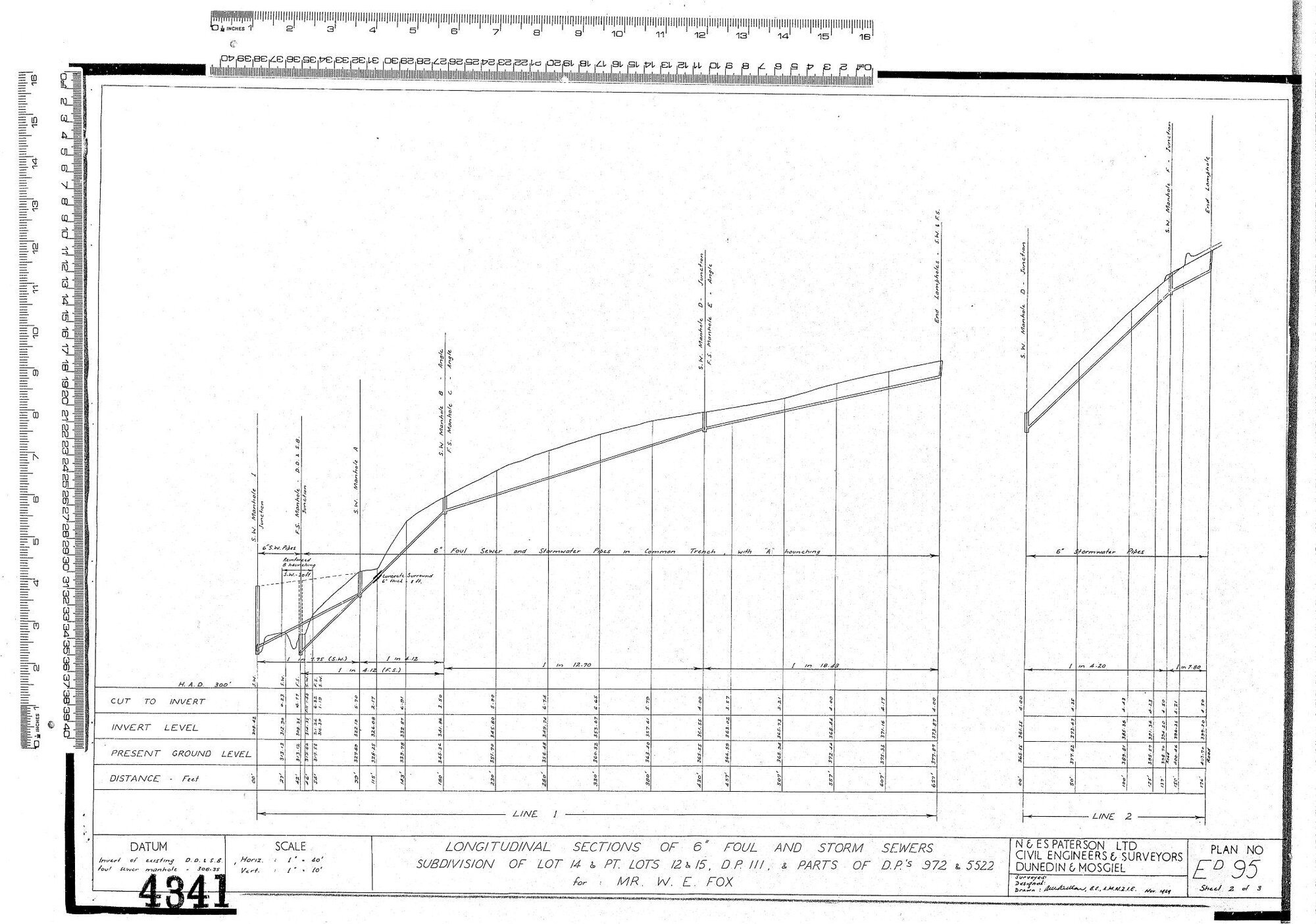 LONGITUDINAL SECTIONS OF 6" FOUL AND STORM SEWERS SUBDIVISION OF LOT 14 &amp; PT LOTS 12 &amp; 15 DP. 111 &amp; PARTS OF DPS 972 &amp; 5522 FOR MR W.E. FOX