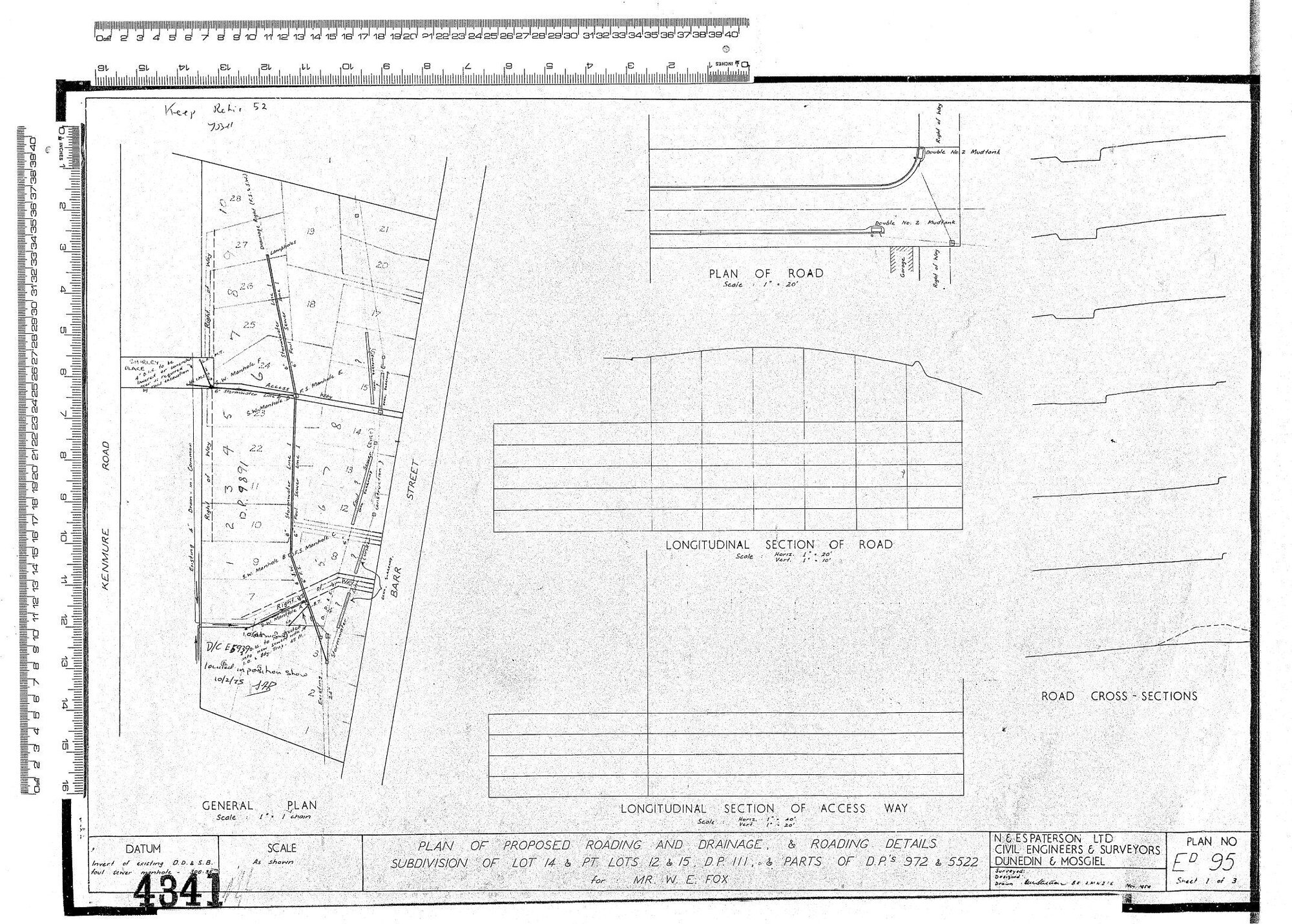 PLAN OF PORPOSED ROADING AND DRAINAGE &amp; ROADING DETAILS SUBDIVISION OF LOT 14 &amp; PT LOTS 12 &amp; 15 DP 111 &amp; PARTS OF DPS 972 &amp; 5522 FOR MR W.E. FOX