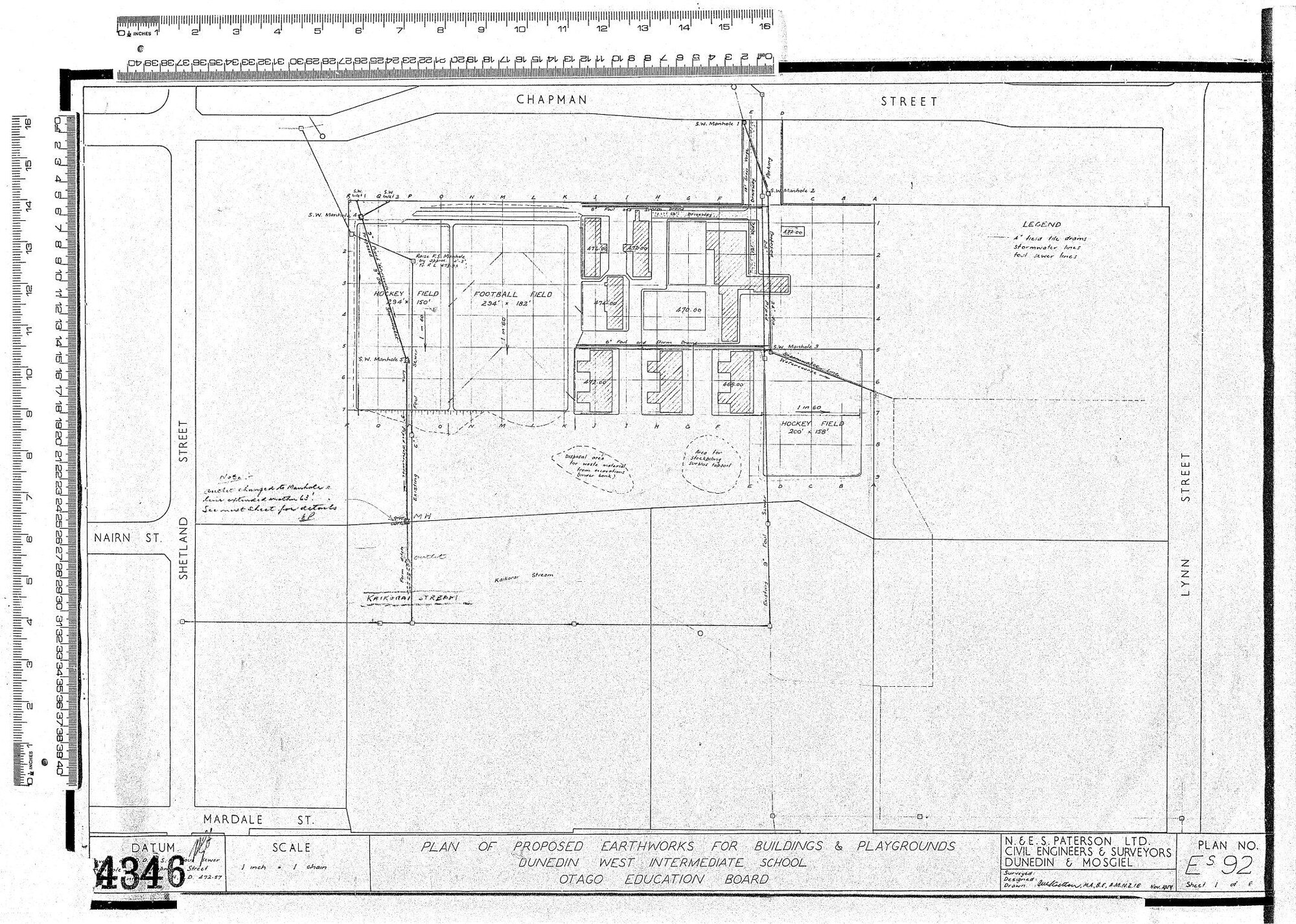 PLAN OF PROPOSED EARTHWORKS FOR BUILDINGS &amp; PLAYGROUNDS DUNEDIN WEST INTERMEDIATE SCHOOL OTAGO EDUCATION BOARD