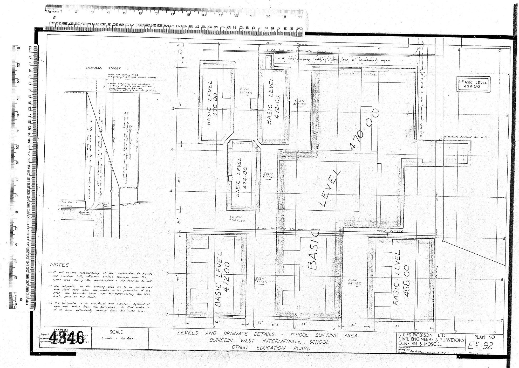 LEVELS AND DRAINAGE DETAILS - SCHOOL BUILDING AREA DUNEDIN WEST INTERMEDIATE SCHOOL OTAGO EDUCATION BOARD