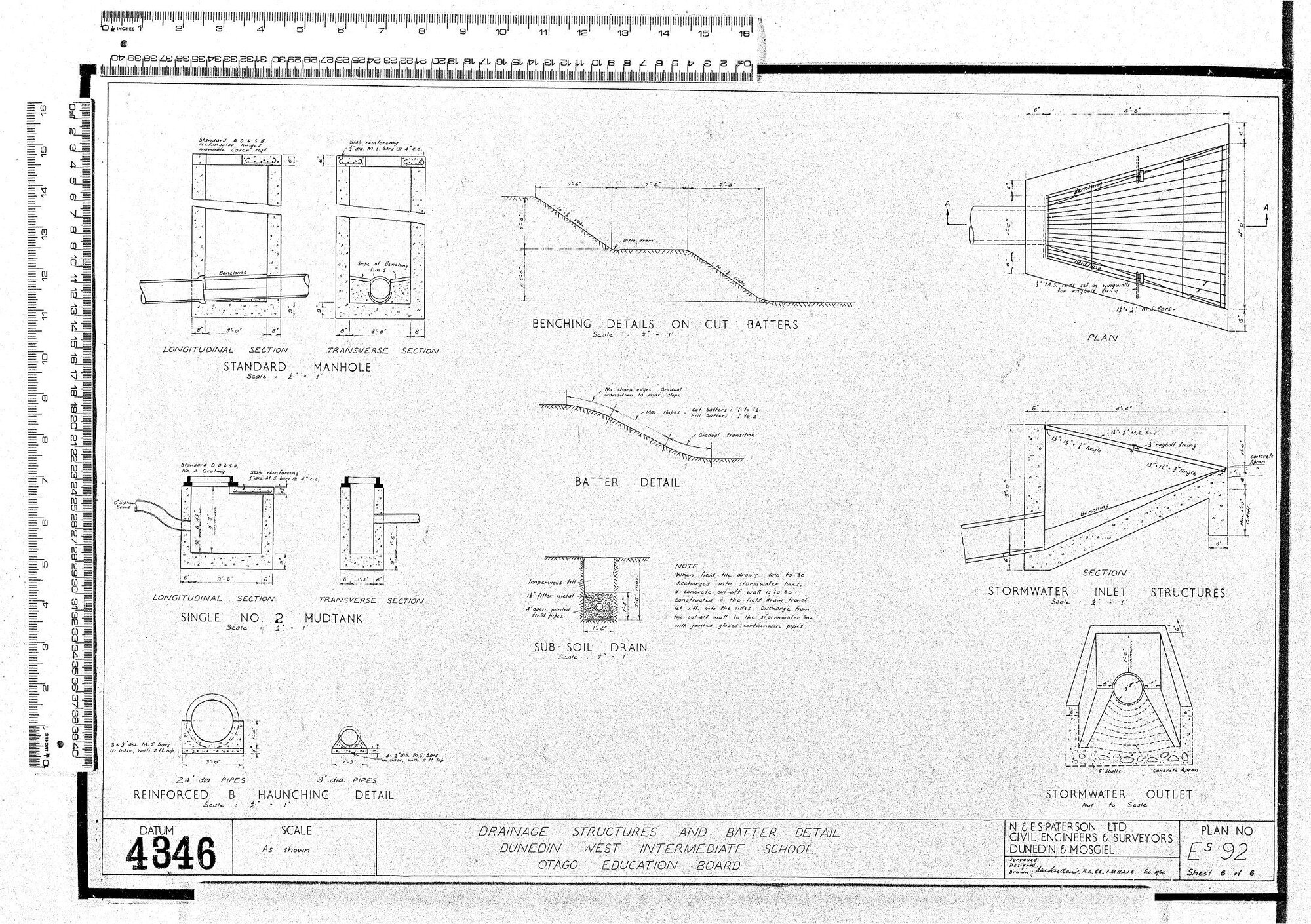 DRAINAGE STRUCTURES AND BATTER DETAIL DUNEDIN WEST INTERMEDIATE SCHOOL OTAGO EDUCATION BOARD
