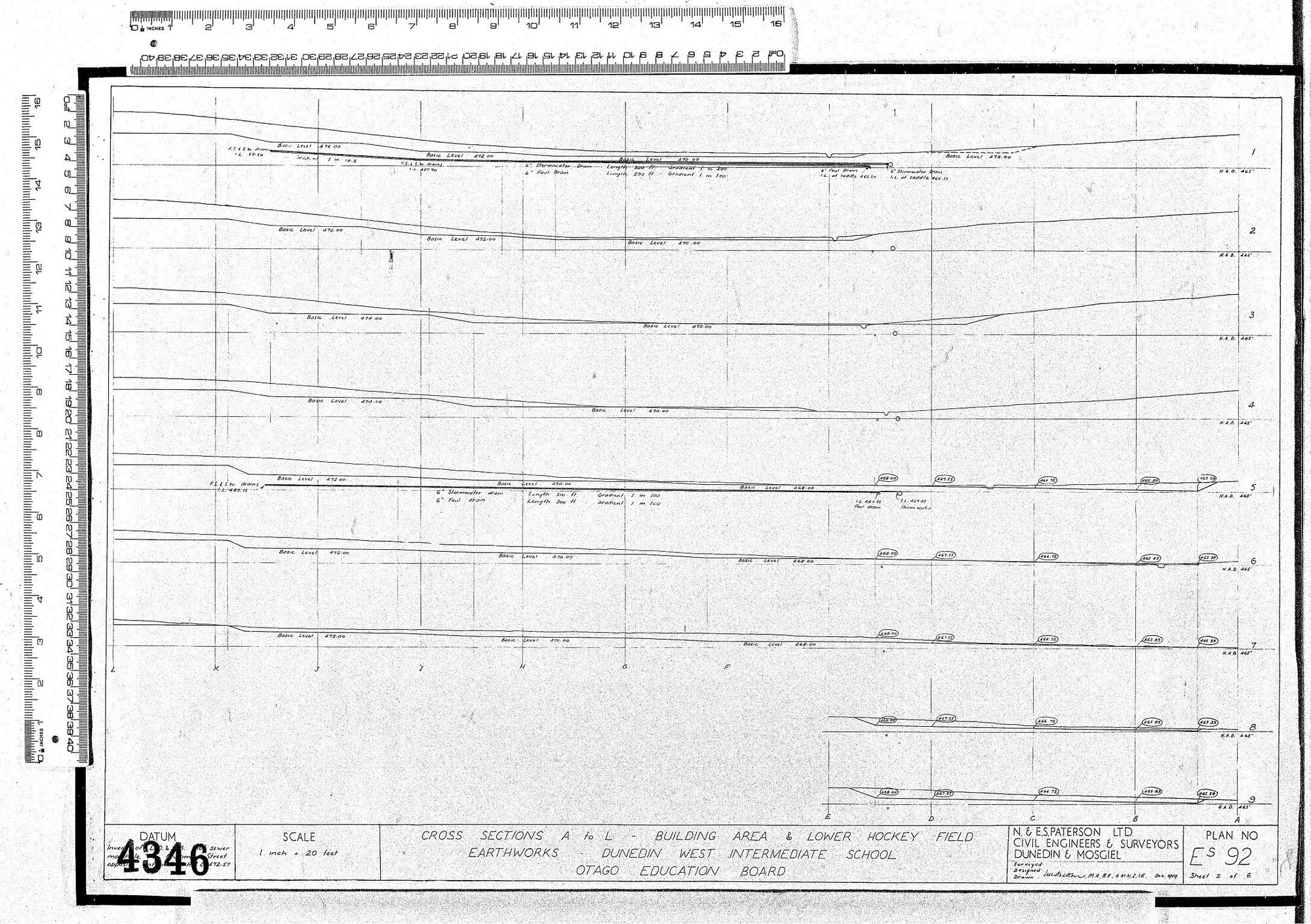CROSS SECTIONS A TO L BUILDING AREA &amp; LOWER HOCKEY FIELD EARTHWORKS DUNEDIN WEST INTERMEDIATE SCHOOL OTAGO EDUCATION BOARD