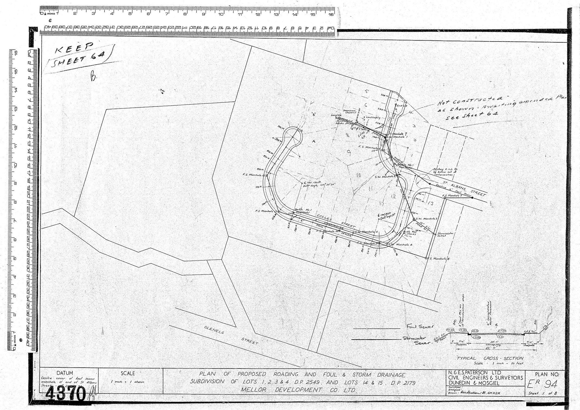 PLAN OF PROPOSED ROADING AND FOUL &amp; STORM DRAINAGE SUBDIVISION OF LOTS 1,2,3&amp;4 AND LOTS 14 &amp; 15 D.P 2179 MELLOR DEVELIPMENT CO. LTD