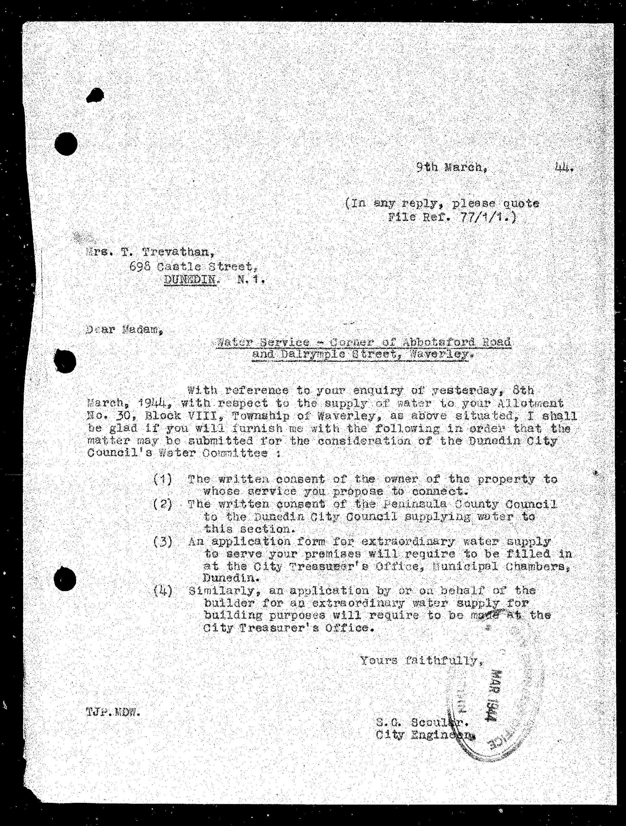 City Engineers Correspondence - Water Service, Corner of Abbotsford Road &amp; Dalrymple Street, Waverley