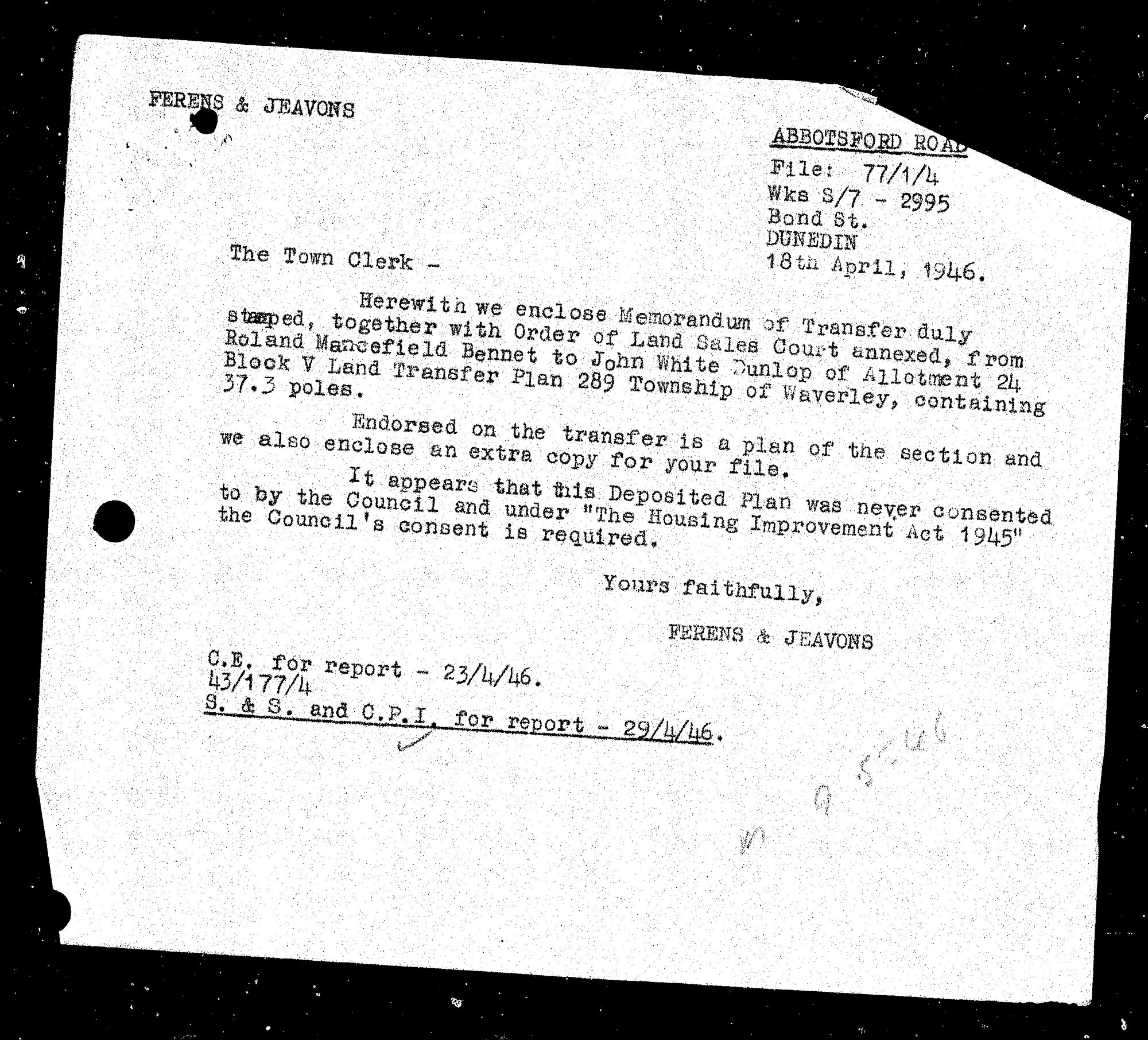 City Engineers Correspondence - Subdivision of Lot 24 Block V DP 289 Township of Waverley (Abbotsford Street)