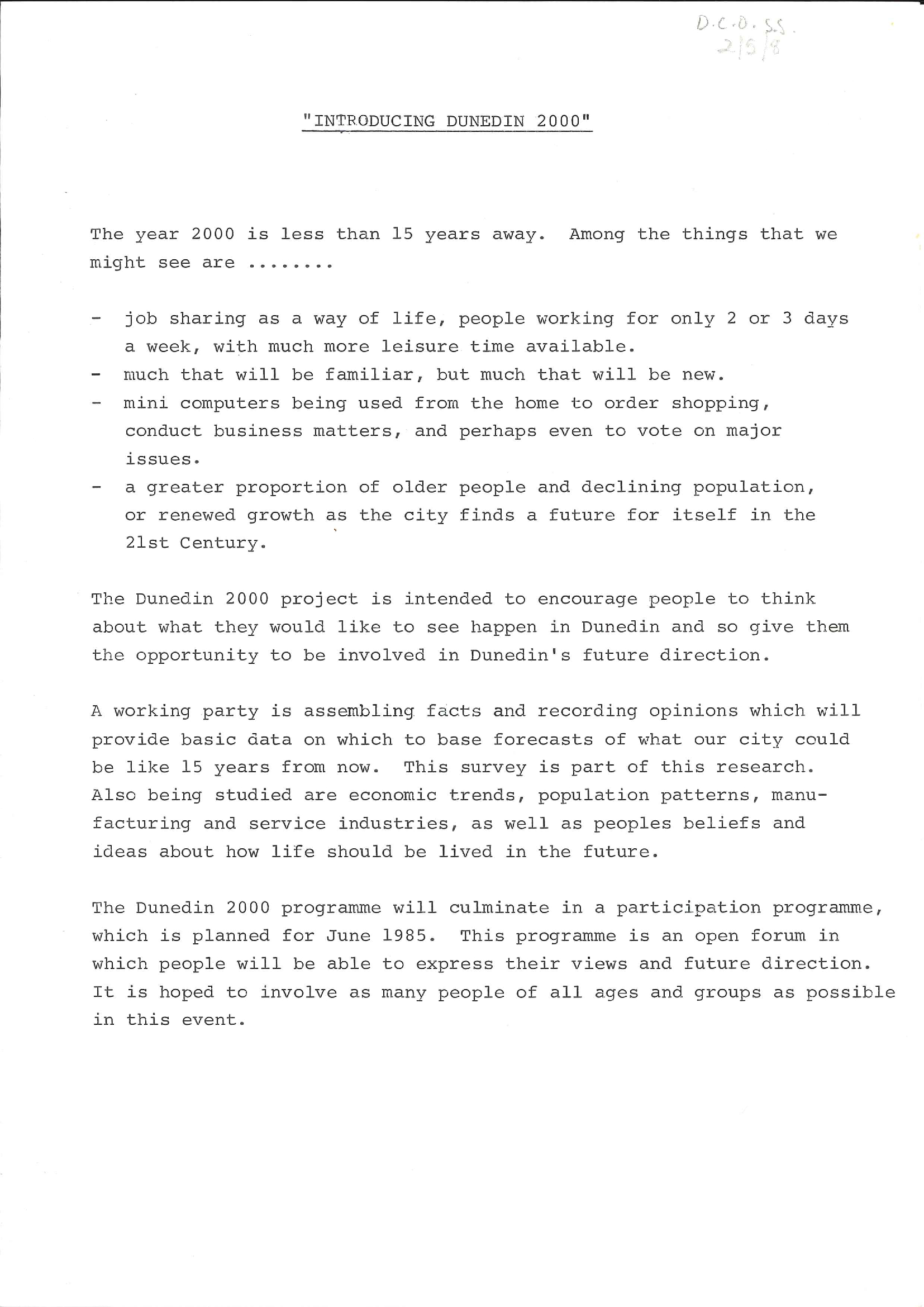Dunedin Council of Social Services Dunedin 2000 Project - "Introducing Dunedin 2000"