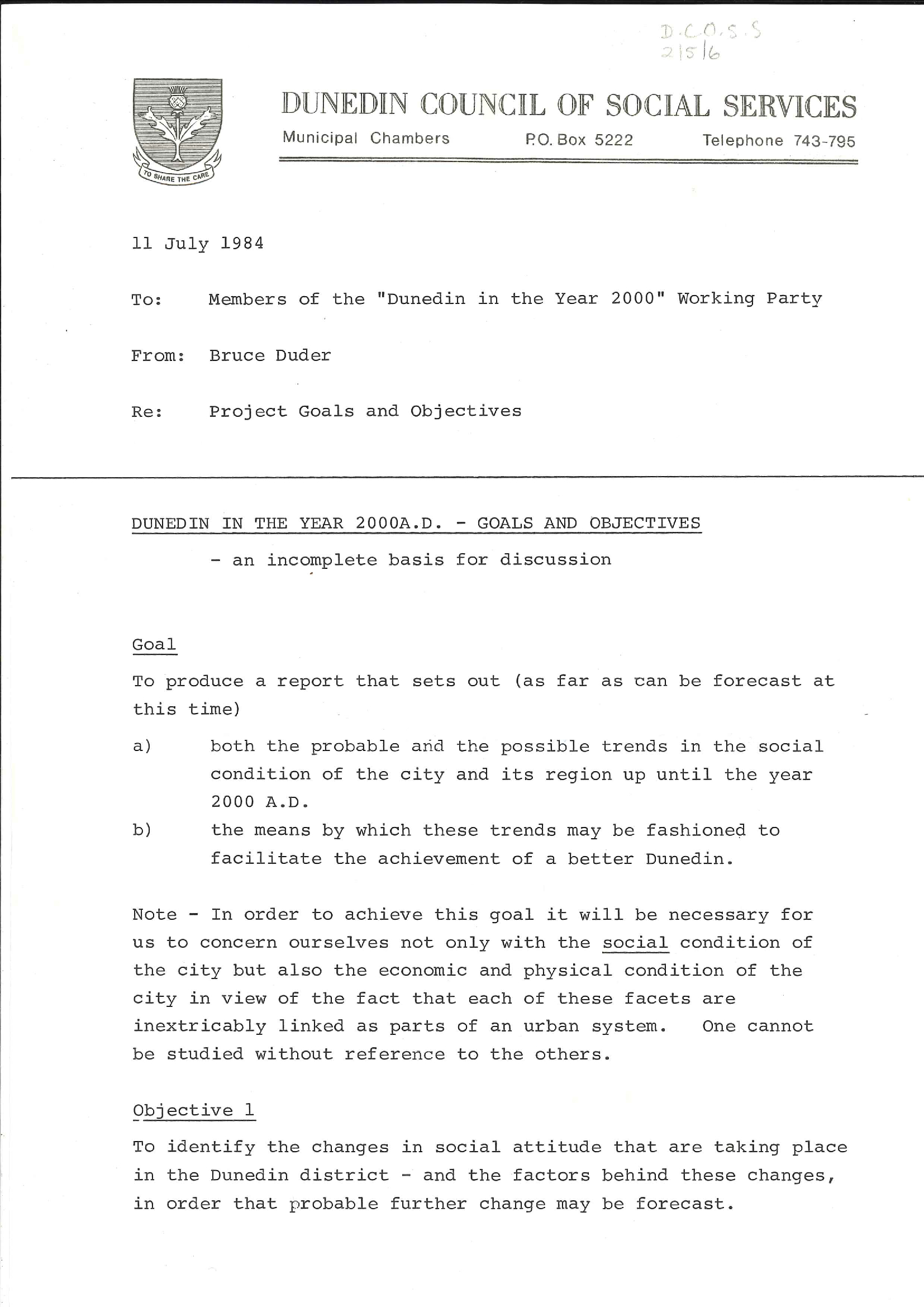 Dunedin Council of Social Services Dunedin 2000 Project - Memorandum from Bruce Duder to Members of Working Party