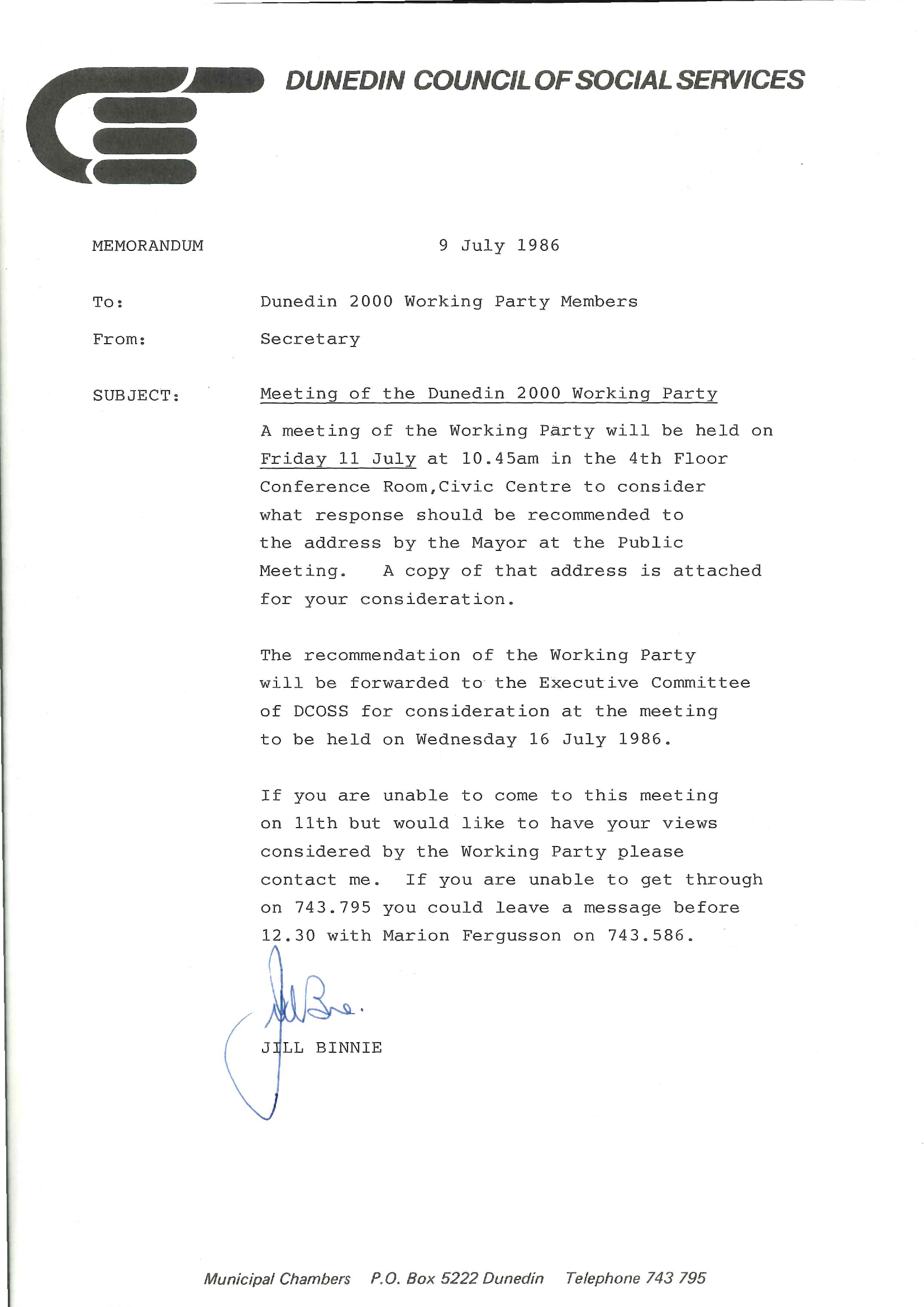 Dunedin Council of Social Services Dunedin 2000 Project - Memorandum: Community Groups Response to "Dunedin 2000"
