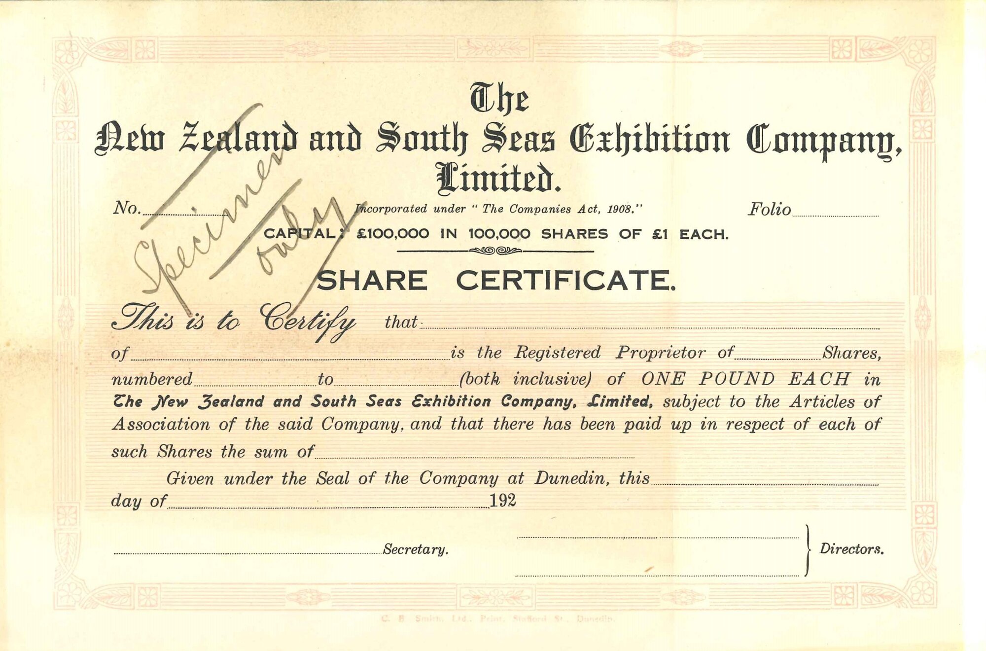 New Zealand &amp; South Seas Exhibition Share Certificate