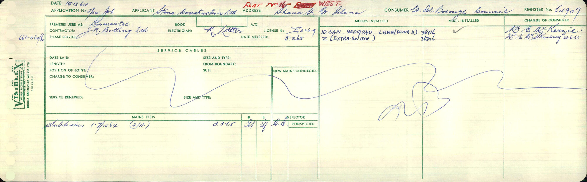Electricity Department Connection Record - Shand Street Green Island