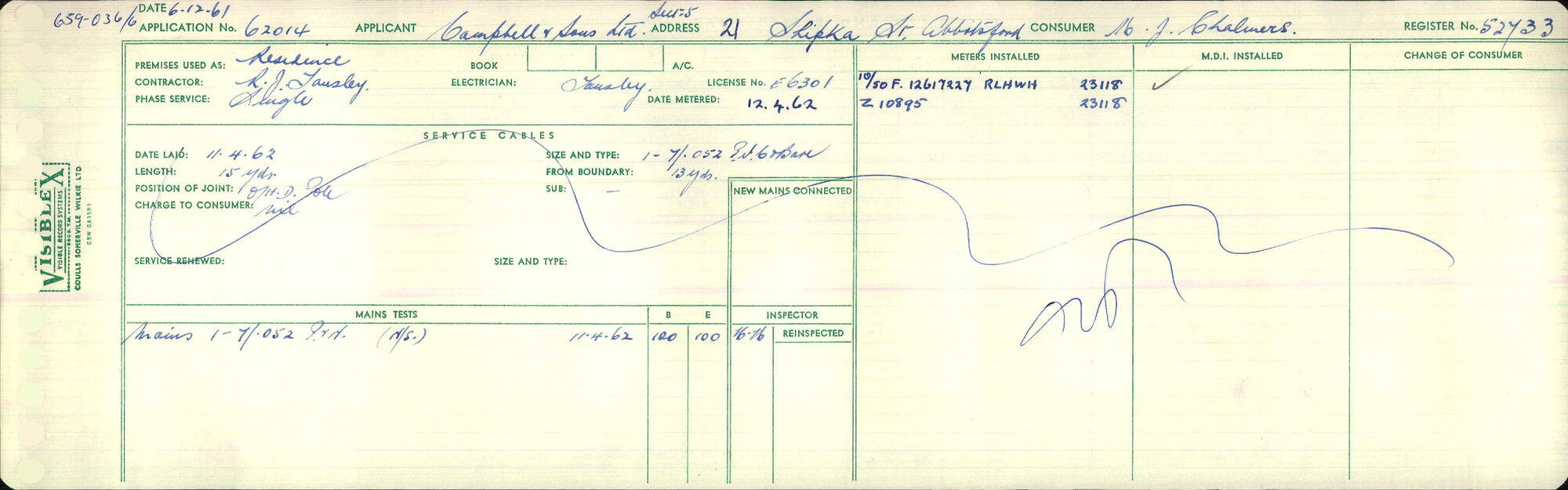 Electricity Department Connection Record - Shipka Street Green Island