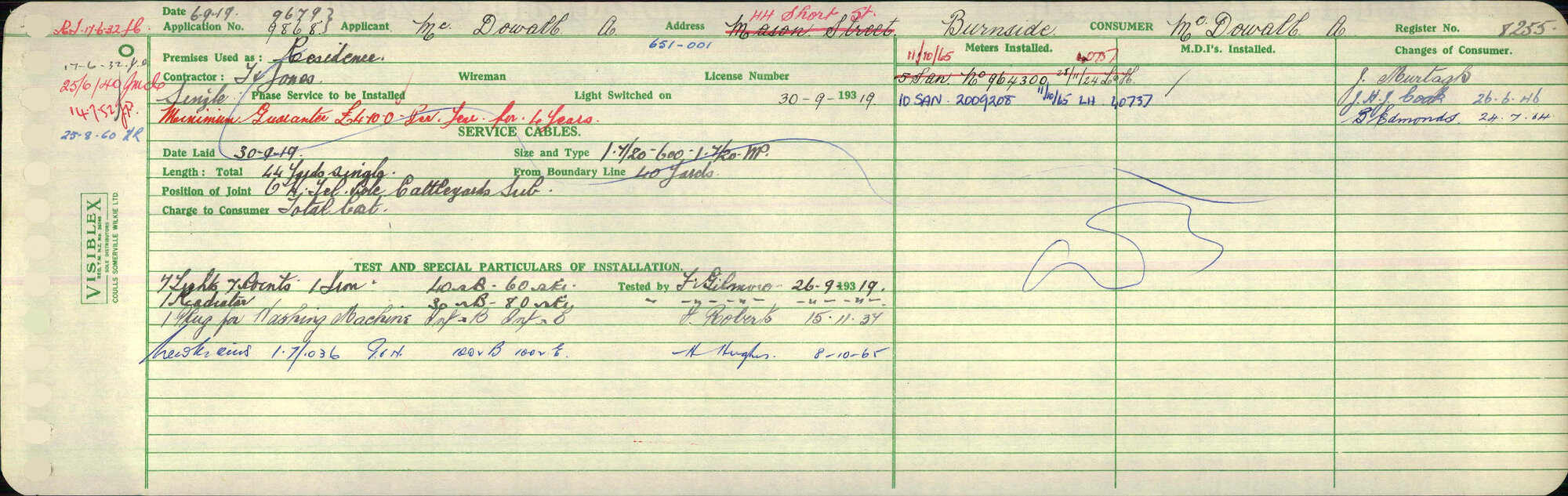 Electricity Department Connection Record - Short Street Green Island