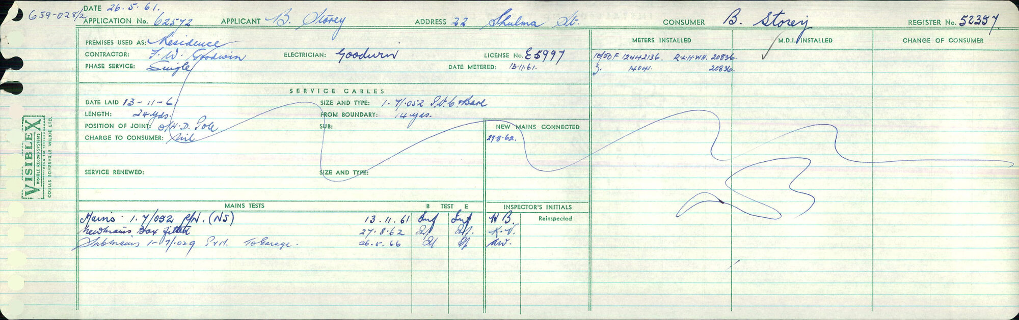 Electricity Department Connection Record - Shulma Street Green Island